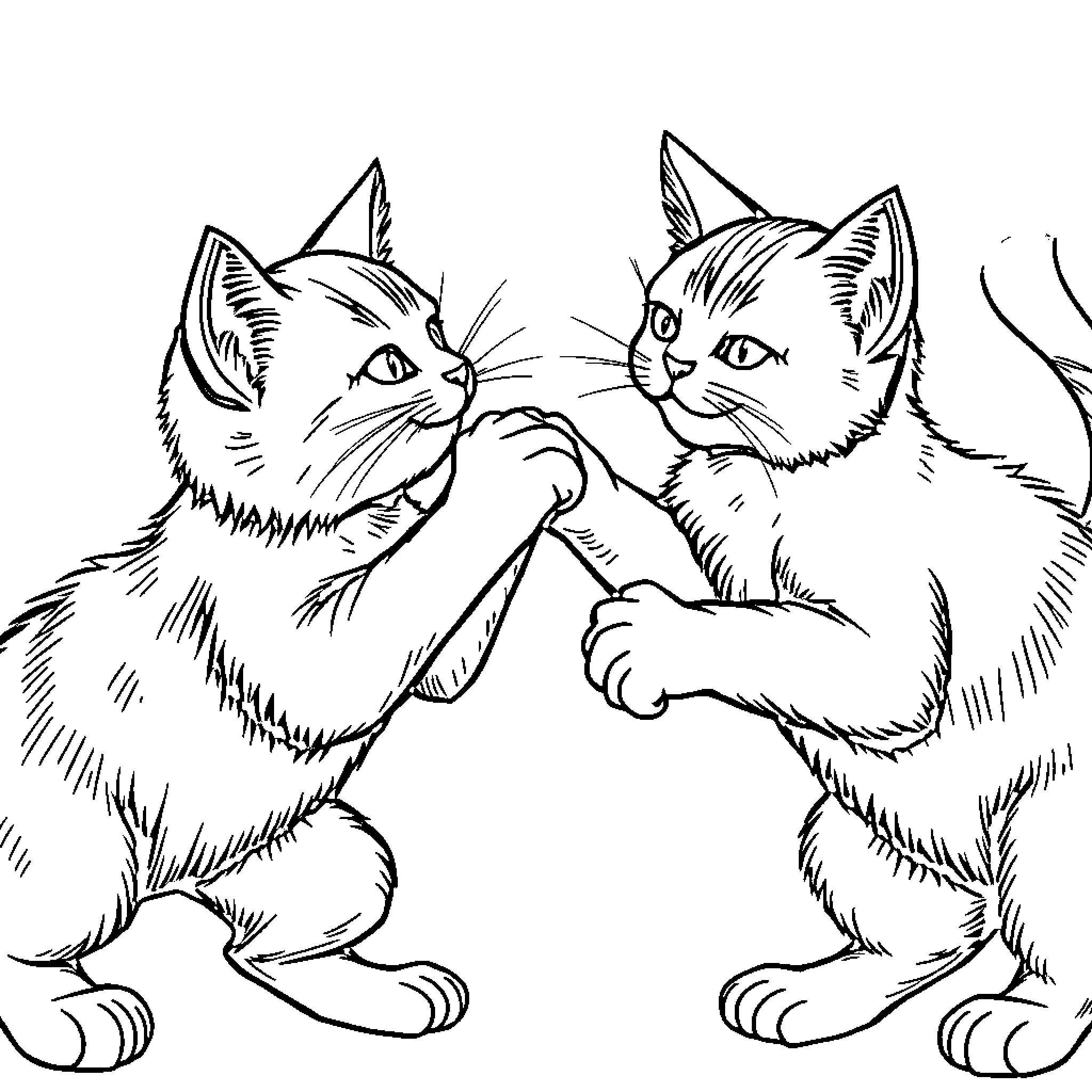 Cats Playing Affectionately Coloring Page (free black-and-white line drawing printable PDF for all, from beginners to advanced learners, including children, teens, adults, and seniors)