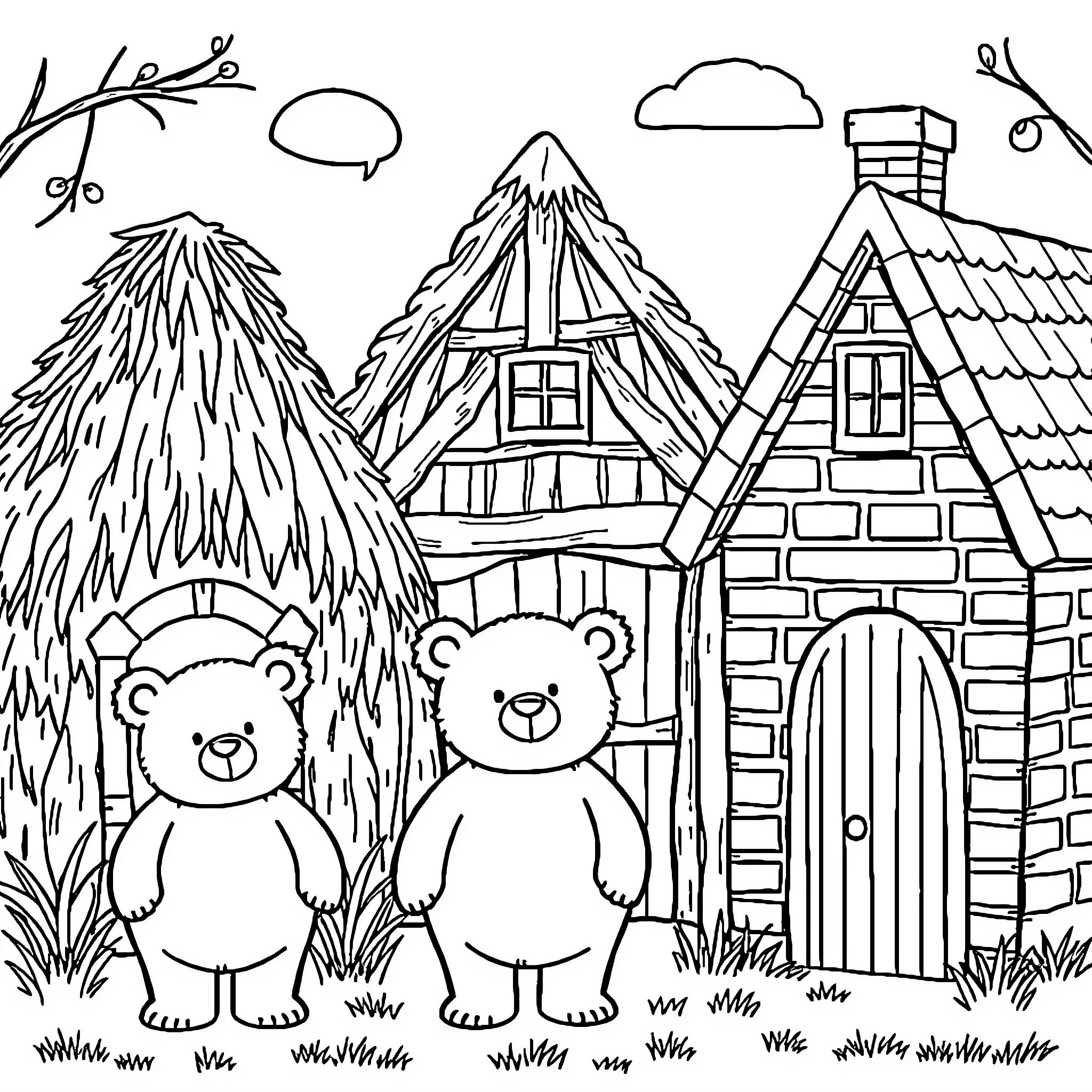 Bear Companions in a Cozy Forest Landscape Coloring Page (free black-and-white line drawing printable PDF for all, from beginners to advanced learners, including children, teens, adults, and seniors)
