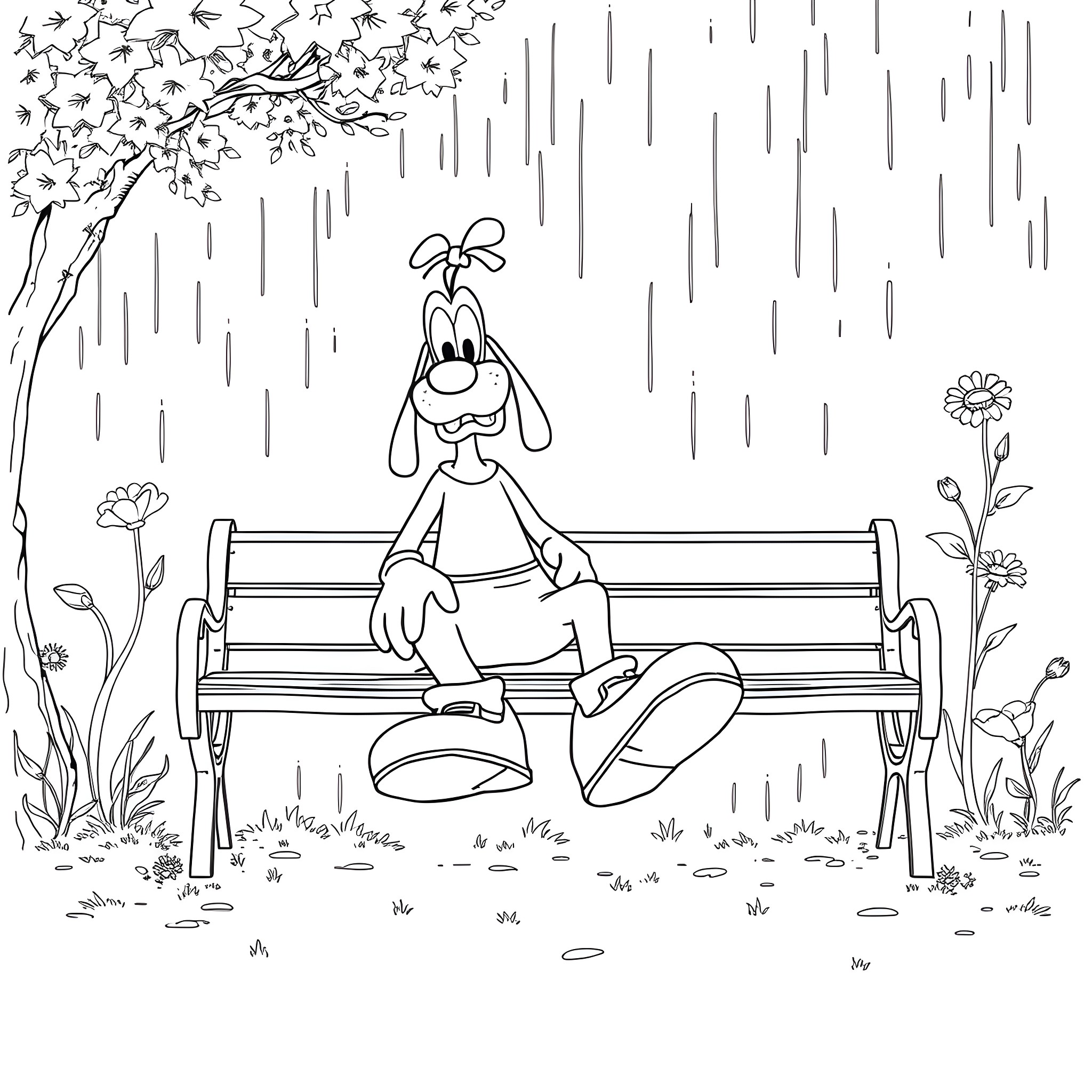 Goofy character sitting on a bench in the rain Coloring Page (free black-and-white line drawing printable PDF for all, from beginners to advanced learners, including children, teens, adults, and seniors)