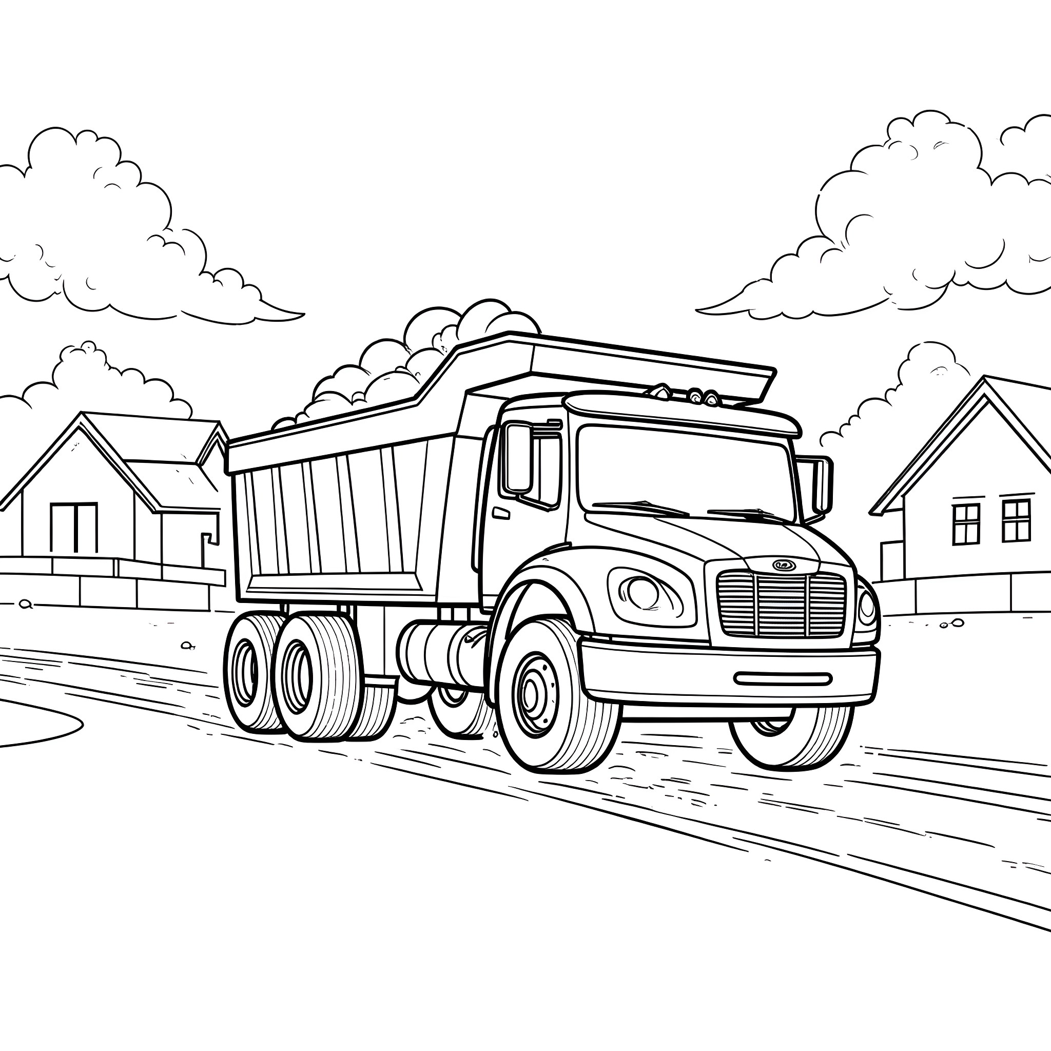 Dump Truck Transporting Cargo on Rural Road Coloring Page (free black-and-white line drawing printable PDF for all, from beginners to advanced learners, including children, teens, adults, and seniors)