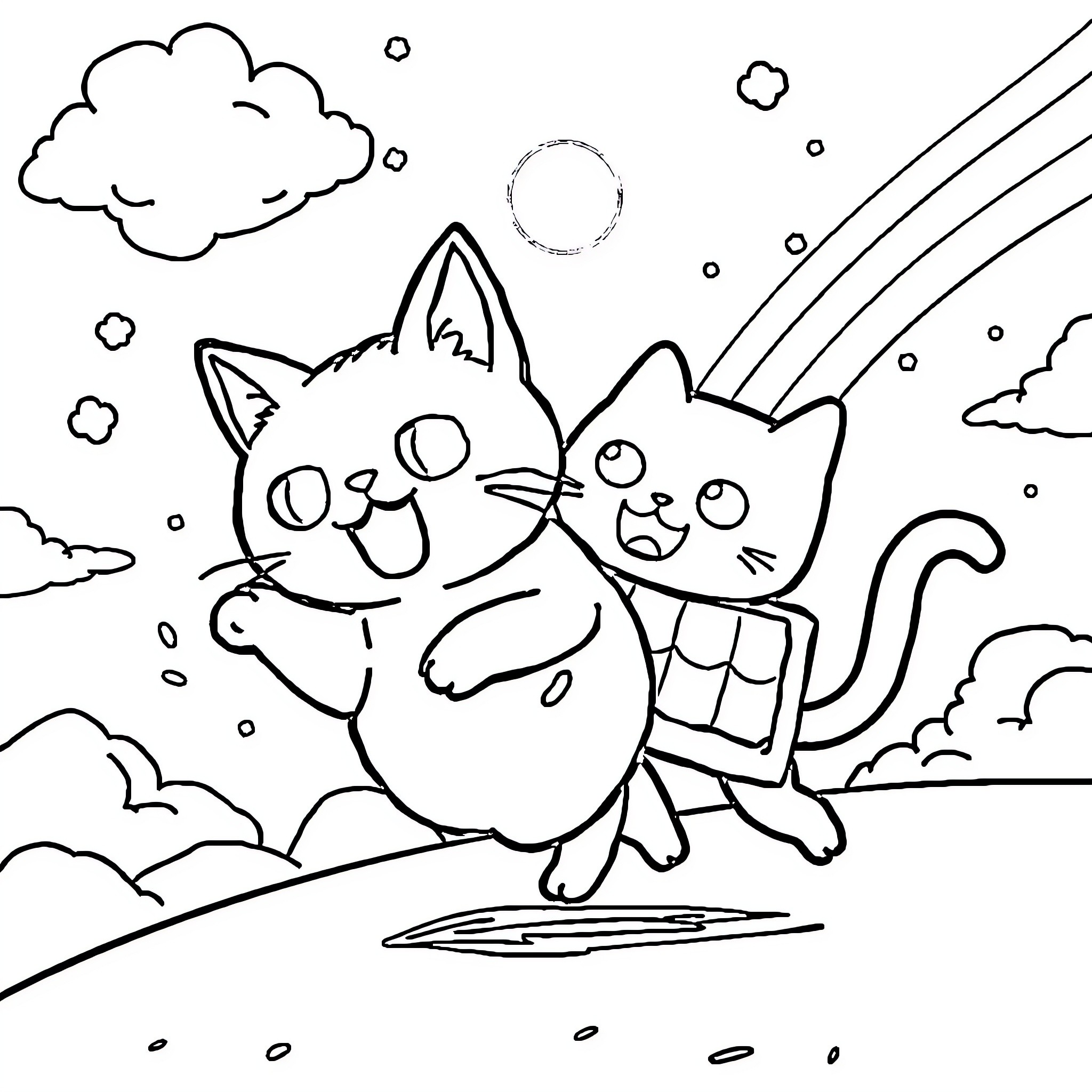 Nyan Cat friends having fun in the sky Coloring Page (free black-and-white line drawing printable PDF for all, from beginners to advanced learners, including children, teens, adults, and seniors)
