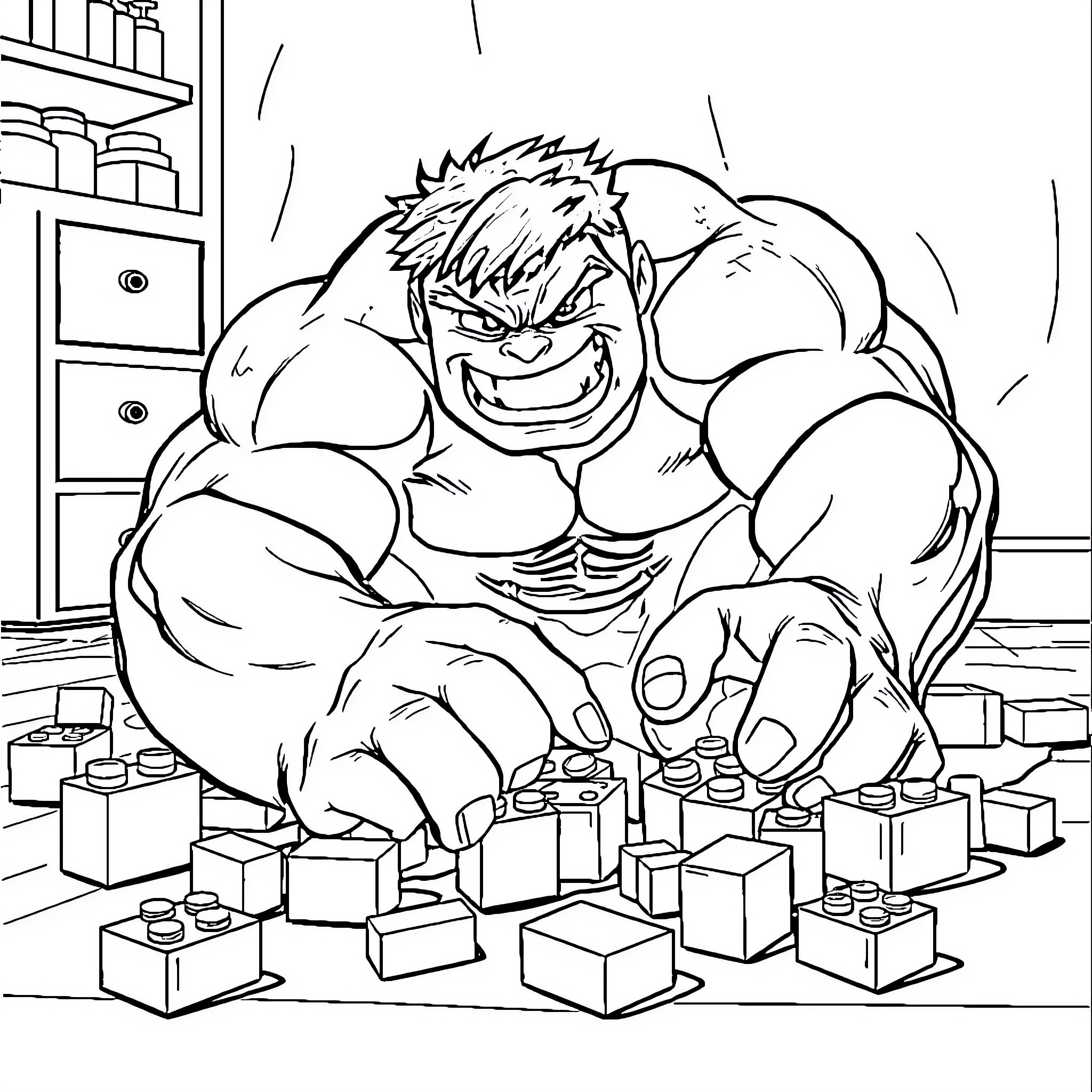 Hulk Smashing Toys in a Cluttered Room Coloring Page (free black-and-white line drawing printable PDF for all, from beginners to advanced learners, including children, teens, adults, and seniors)