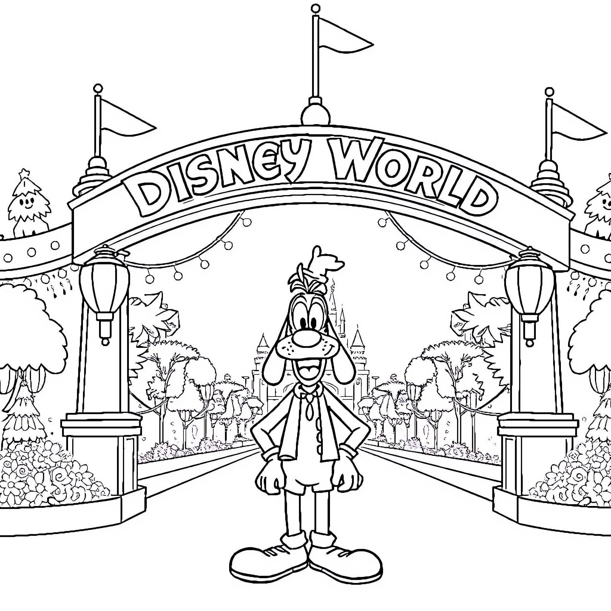 Goofy's Whimsical Adventure at Disney World Coloring Page (free black-and-white line drawing printable PDF for all, from beginners to advanced learners, including children, teens, adults, and seniors)