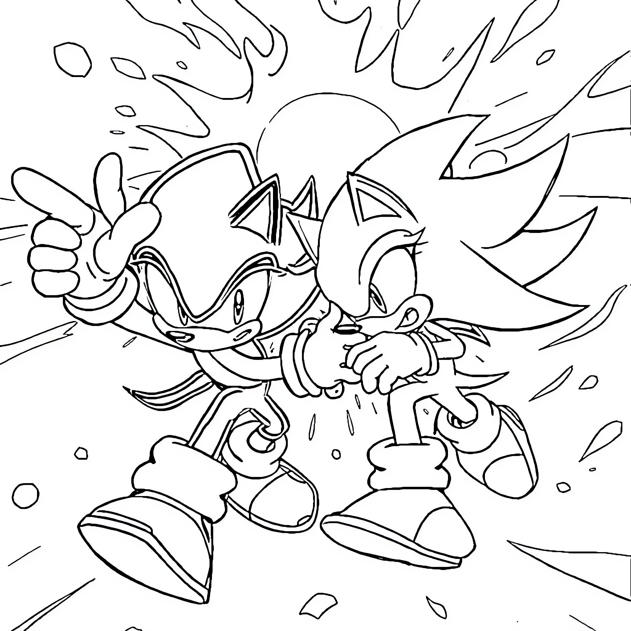 Sonic battling with fierce energy and dynamism Coloring Page (free black-and-white line drawing printable PDF for all, from beginners to advanced learners, including children, teens, adults, and seniors)