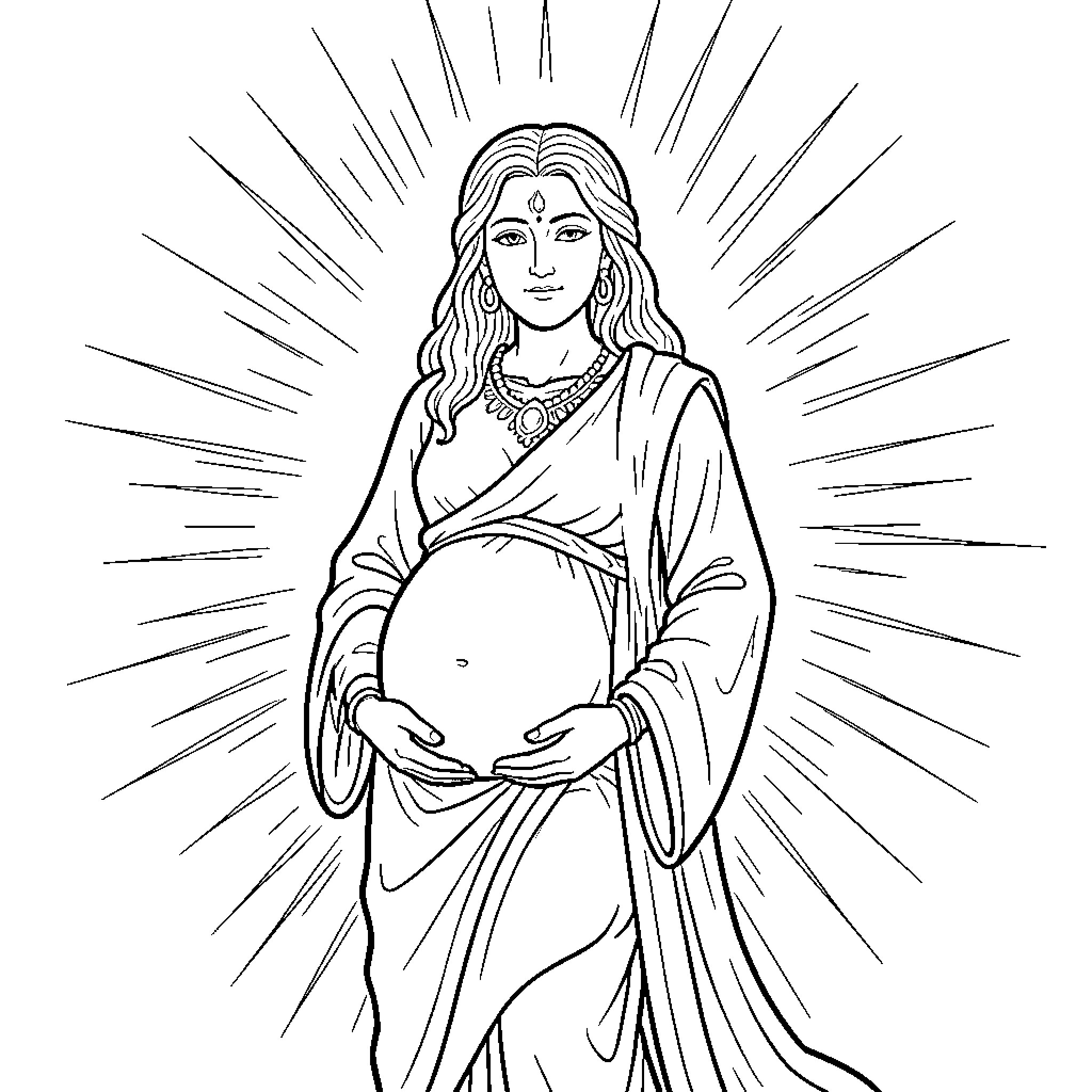 Pregnant Goddess in Serene Contemplation Coloring Page (free black-and-white line drawing printable PDF for all, from beginners to advanced learners, including children, teens, adults, and seniors)