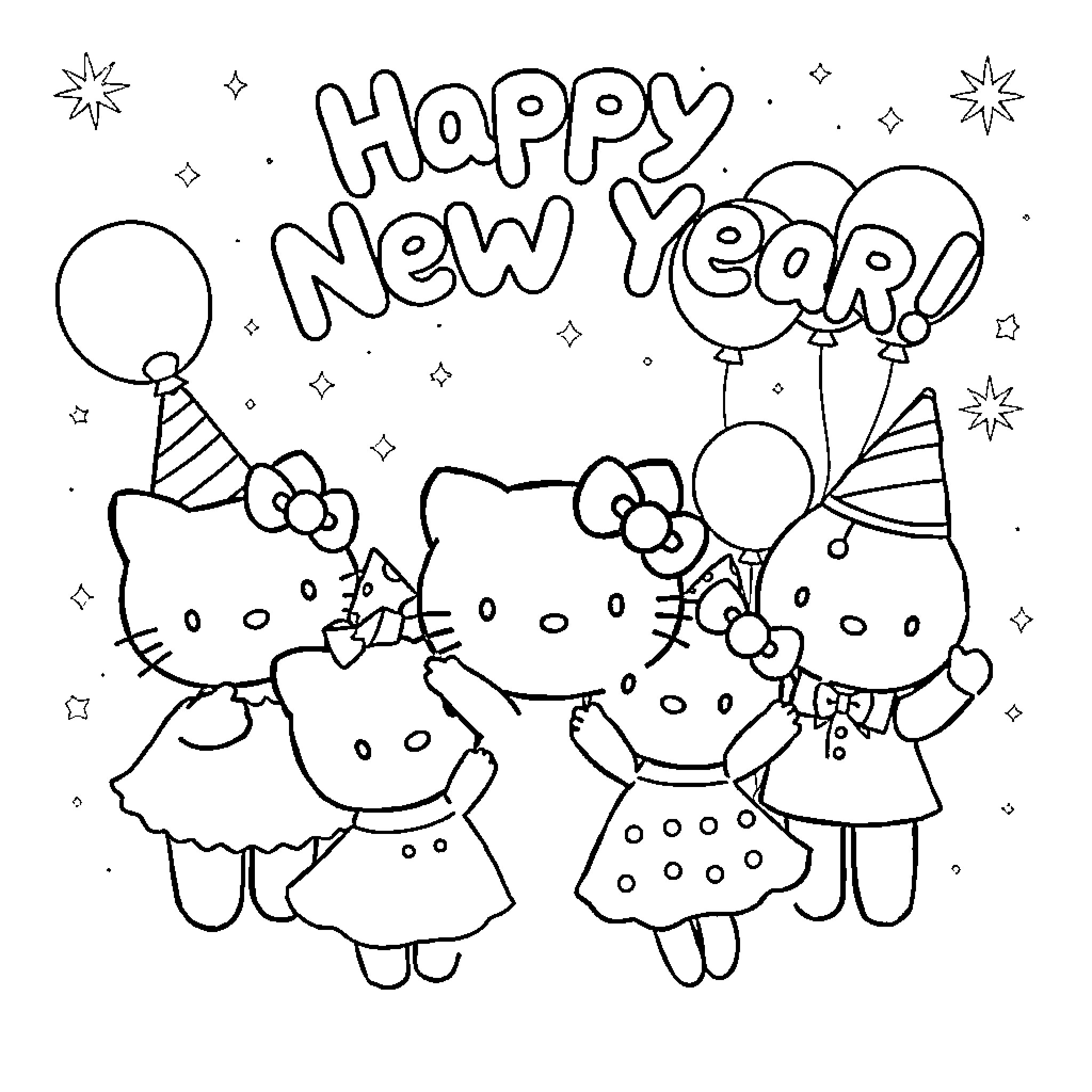 Sanrio Characters Celebrating Happy New Year Coloring Page (free black-and-white line drawing printable PDF for all, from beginners to advanced learners, including children, teens, adults, and seniors)