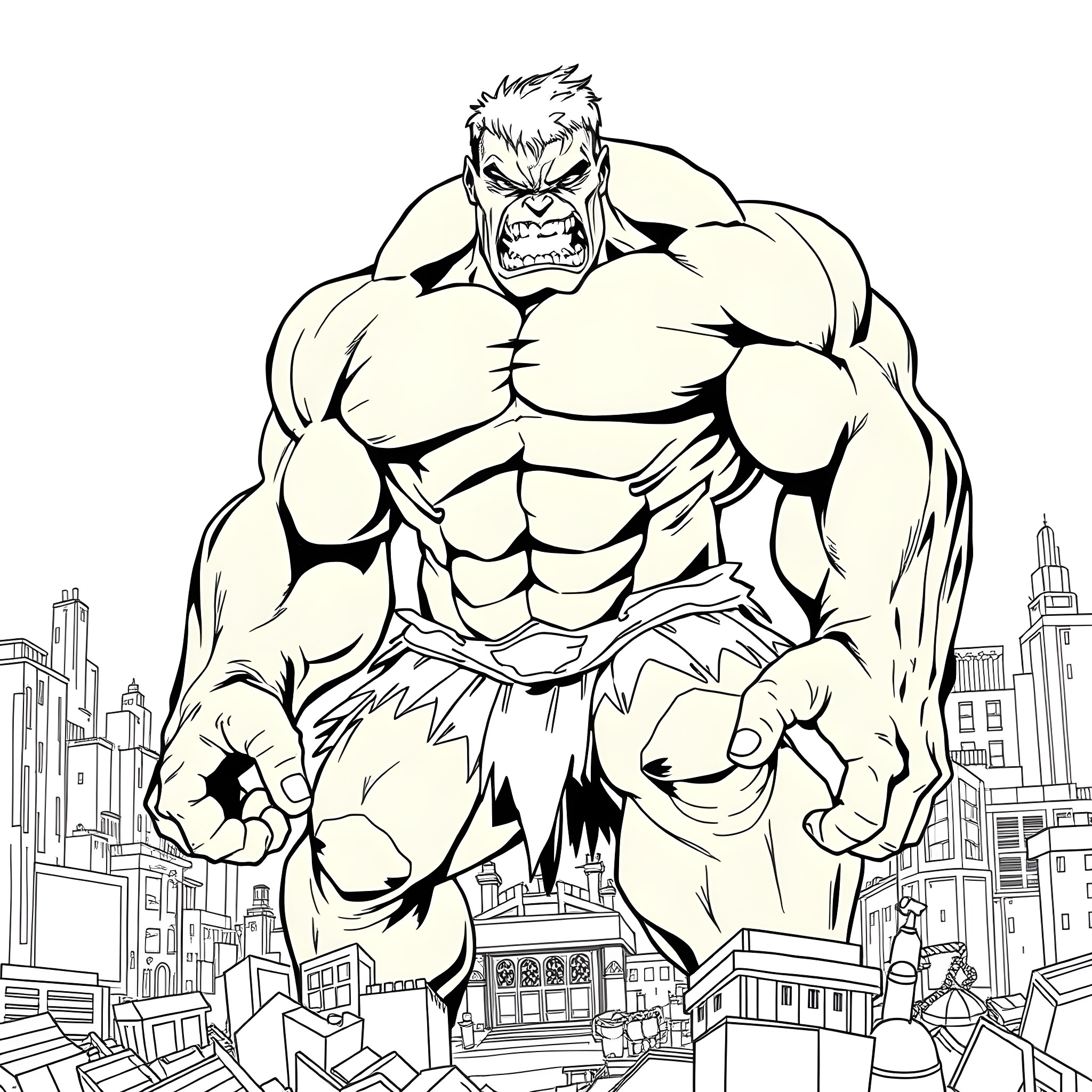 Skulk of mighty muscular hero protecting cityscape Coloring Page (free black-and-white line drawing printable PDF for all, from beginners to advanced learners, including children, teens, adults, and seniors)