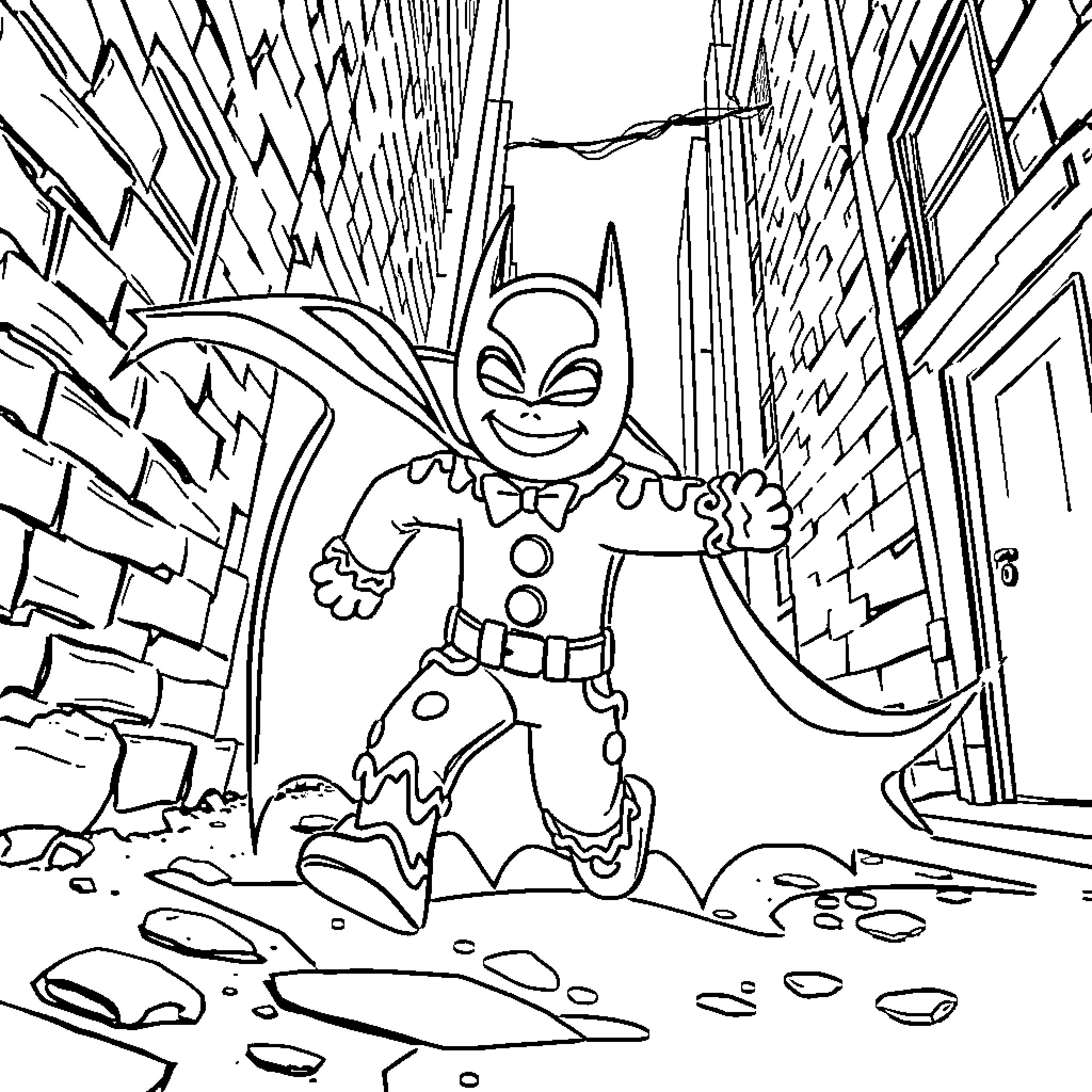 Gingerbread superhero explores the city streets Coloring Page (free black-and-white line drawing printable PDF for all, from beginners to advanced learners, including children, teens, adults, and seniors)
