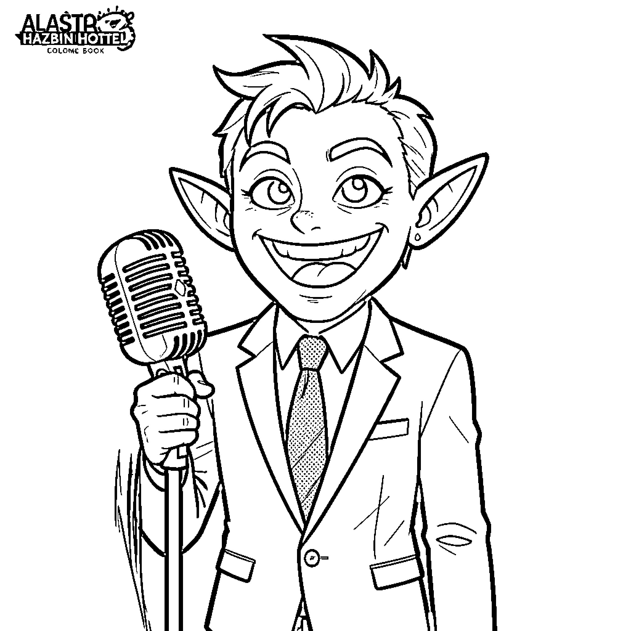 Alastor, the Charming Radio Host in Suit Coloring Page (free black-and-white line drawing printable PDF for all, from beginners to advanced learners, including children, teens, adults, and seniors)