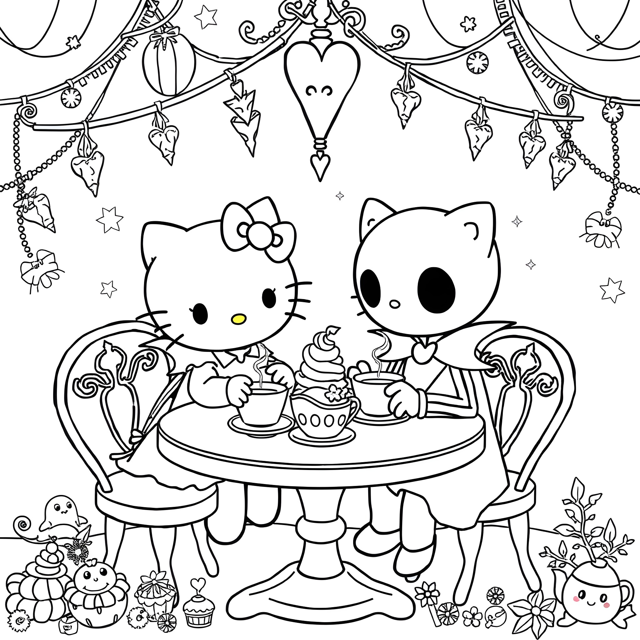 Hello Kitty and Friends Enjoying a Tea Party Coloring Page (free black-and-white line drawing printable PDF for all, from beginners to advanced learners, including children, teens, adults, and seniors)