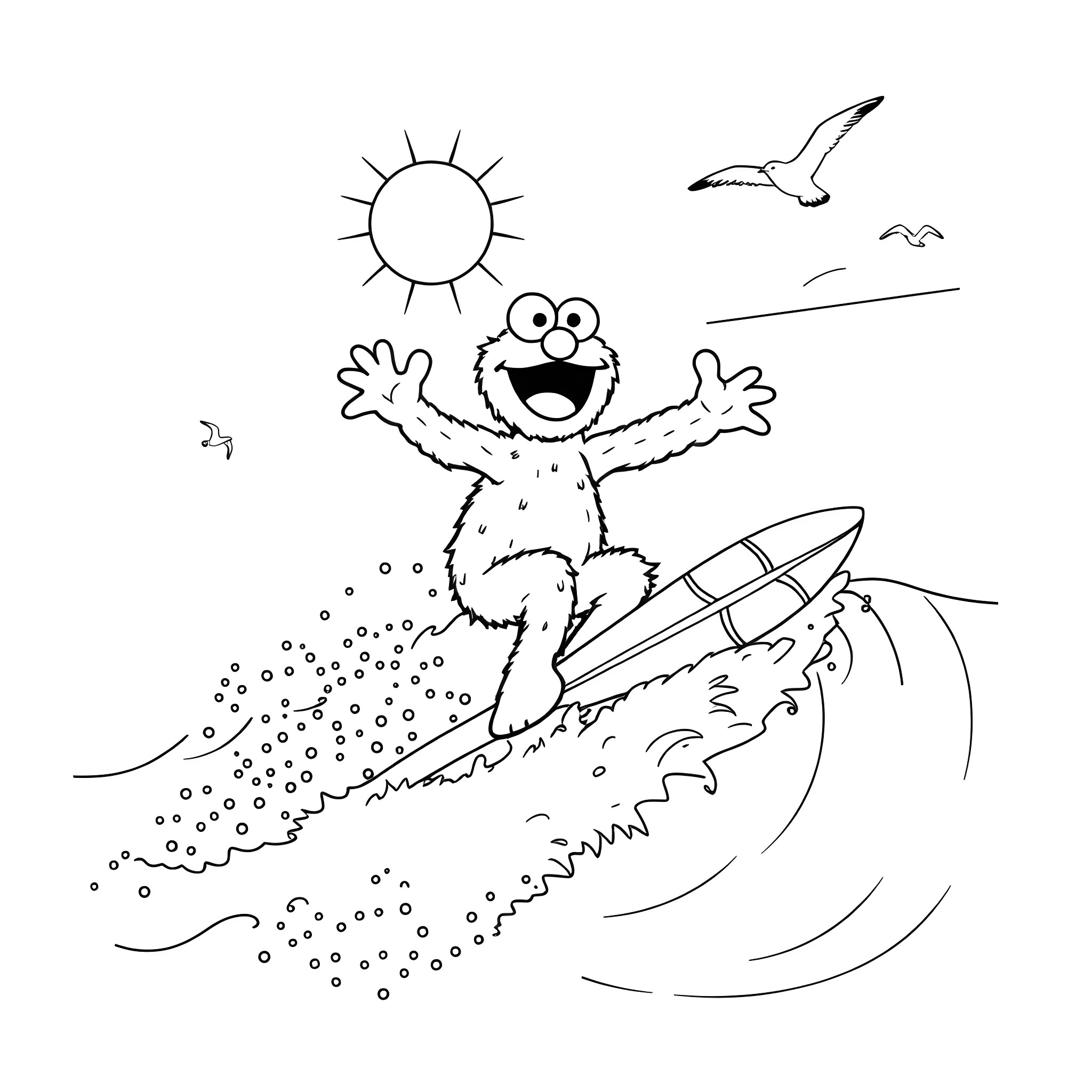 Cookie Monster surfing happily on a wave Coloring Page (free black-and-white line drawing printable PDF for all, from beginners to advanced learners, including children, teens, adults, and seniors)