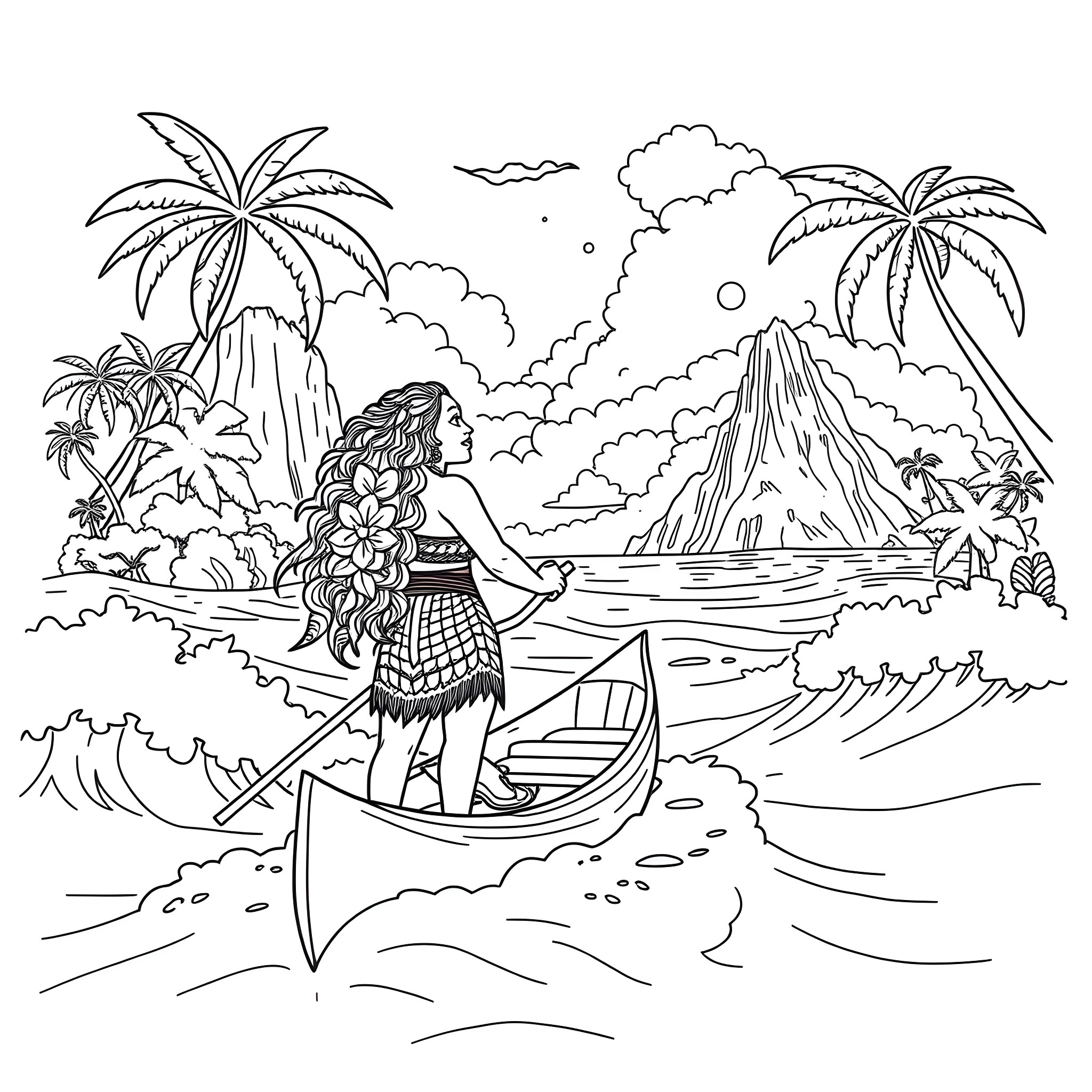 Moana exploring the tropical island Coloring Page (free black-and-white line drawing printable PDF for all, from beginners to advanced learners, including children, teens, adults, and seniors)