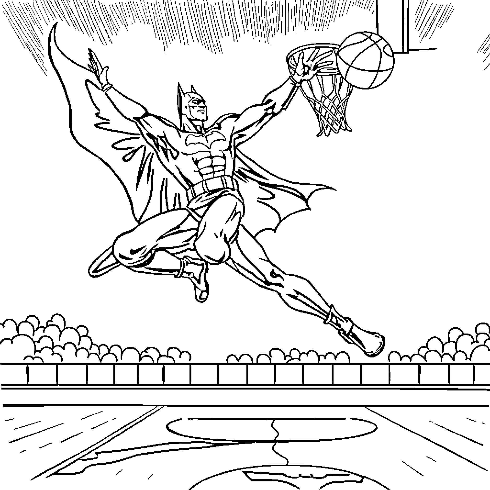 Batman dunking a basketball with intense focus Coloring Page (free black-and-white line drawing printable PDF for all, from beginners to advanced learners, including children, teens, adults, and seniors)