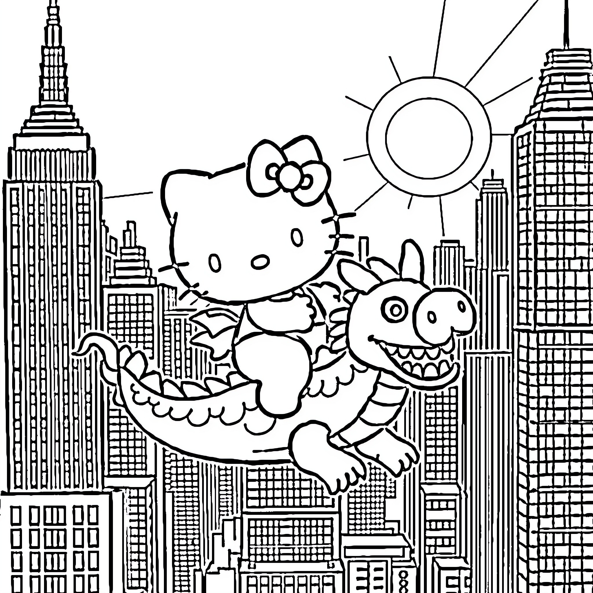 Hello Kitty enjoying aerial view of cityscape Coloring Page (free black-and-white line drawing printable PDF for all, from beginners to advanced learners, including children, teens, adults, and seniors)