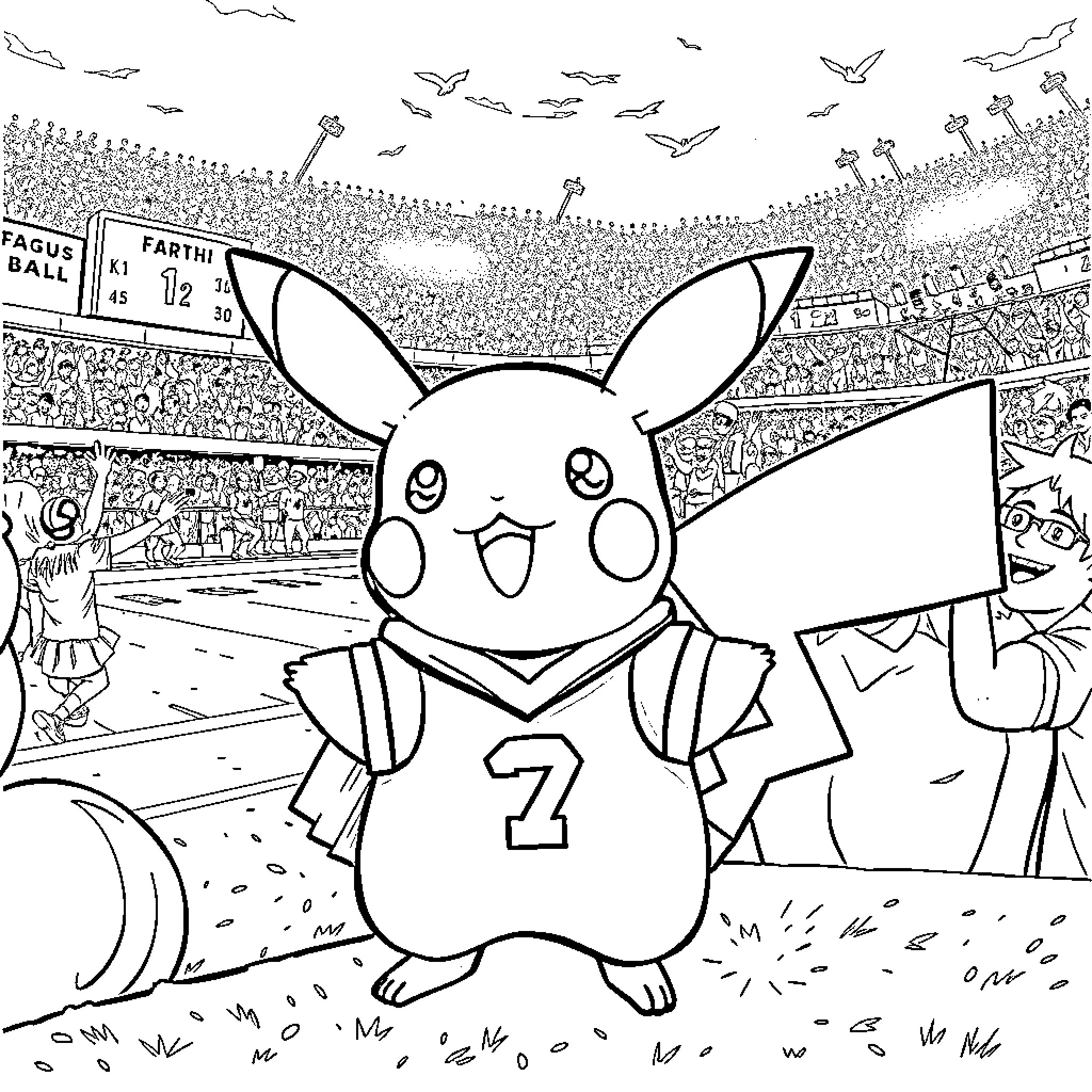 Pikachu playing in the stadium with fans Coloring Page (free black-and-white line drawing printable PDF for all, from beginners to advanced learners, including children, teens, adults, and seniors)