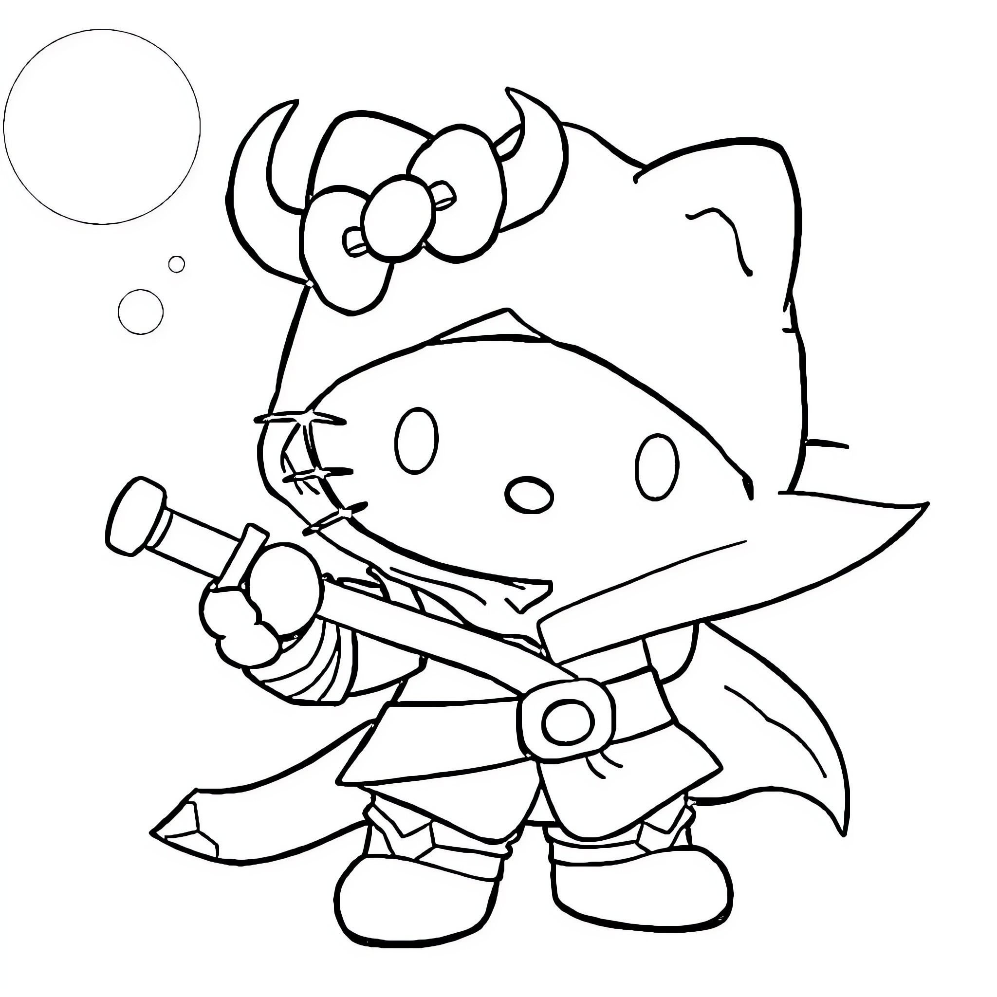 Hello Kitty pirate adventure Coloring Page (free black-and-white line drawing printable PDF for all, from beginners to advanced learners, including children, teens, adults, and seniors)