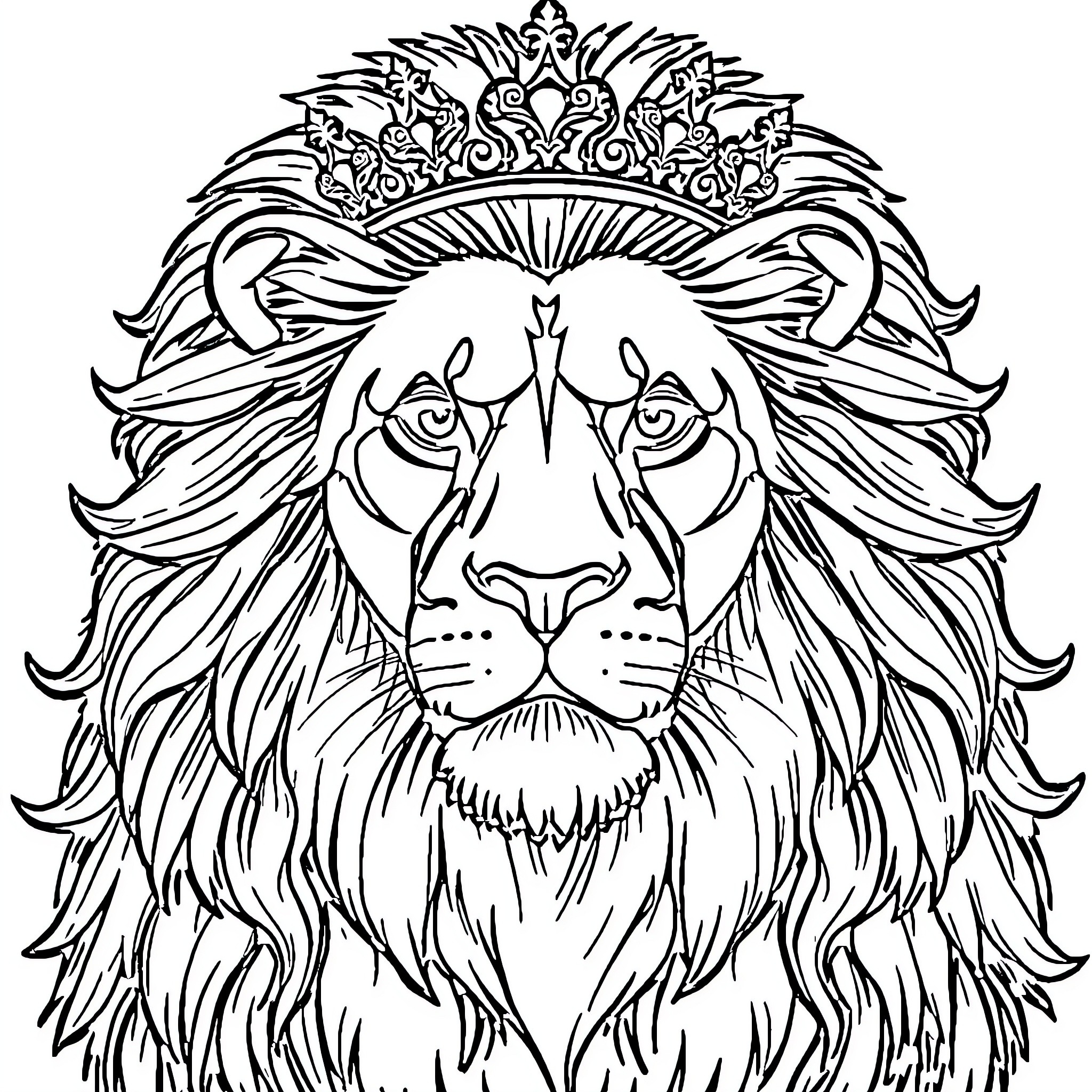 Lion with ornate crown and flowing mane Coloring Page (free black-and-white line drawing printable PDF for all, from beginners to advanced learners, including children, teens, adults, and seniors)