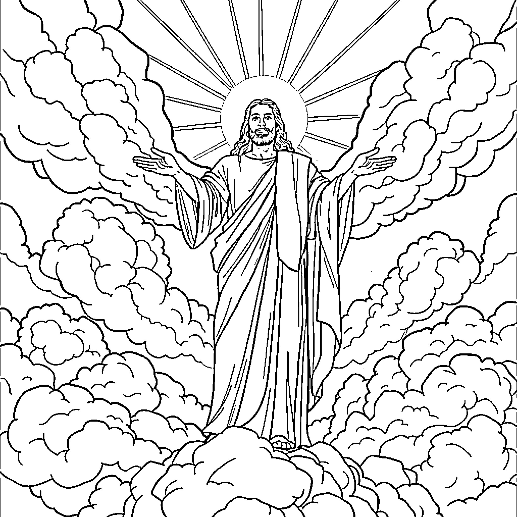 Jesus ascending amidst clouds and sunlight Coloring Page (free black-and-white line drawing printable PDF for all, from beginners to advanced learners, including children, teens, adults, and seniors)