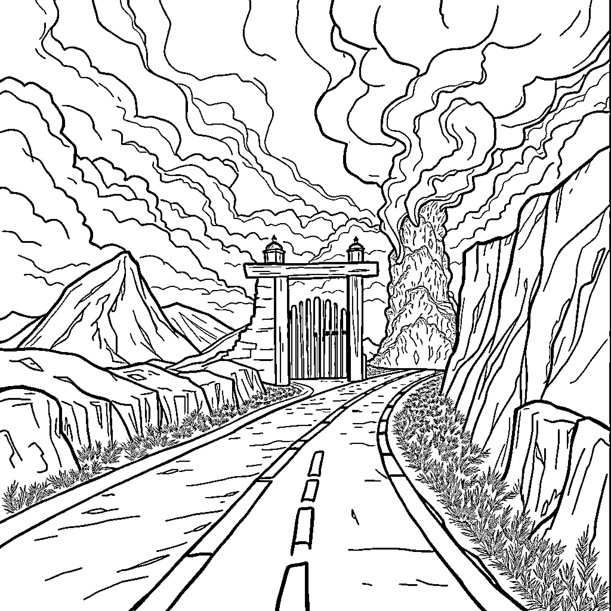 Kingdom of the Winding Path Coloring Page (free black-and-white line drawing printable PDF for all, from beginners to advanced learners, including children, teens, adults, and seniors)