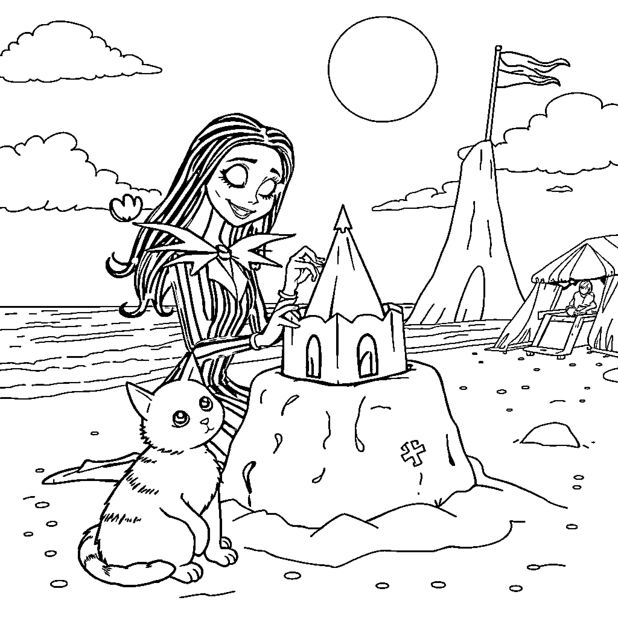 Beetlejuice playing on the beach with a sandcastle and cat Coloring Page (free black-and-white line drawing printable PDF for all, from beginners to advanced learners, including children, teens, adults, and seniors)