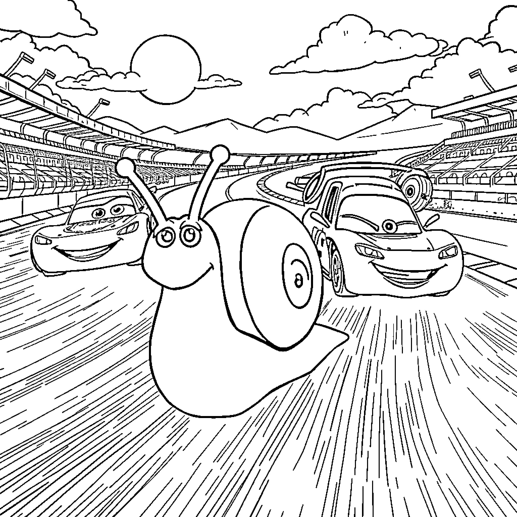 Snail racing with cars on the track Coloring Page (free black-and-white line drawing printable PDF for all, from beginners to advanced learners, including children, teens, adults, and seniors)