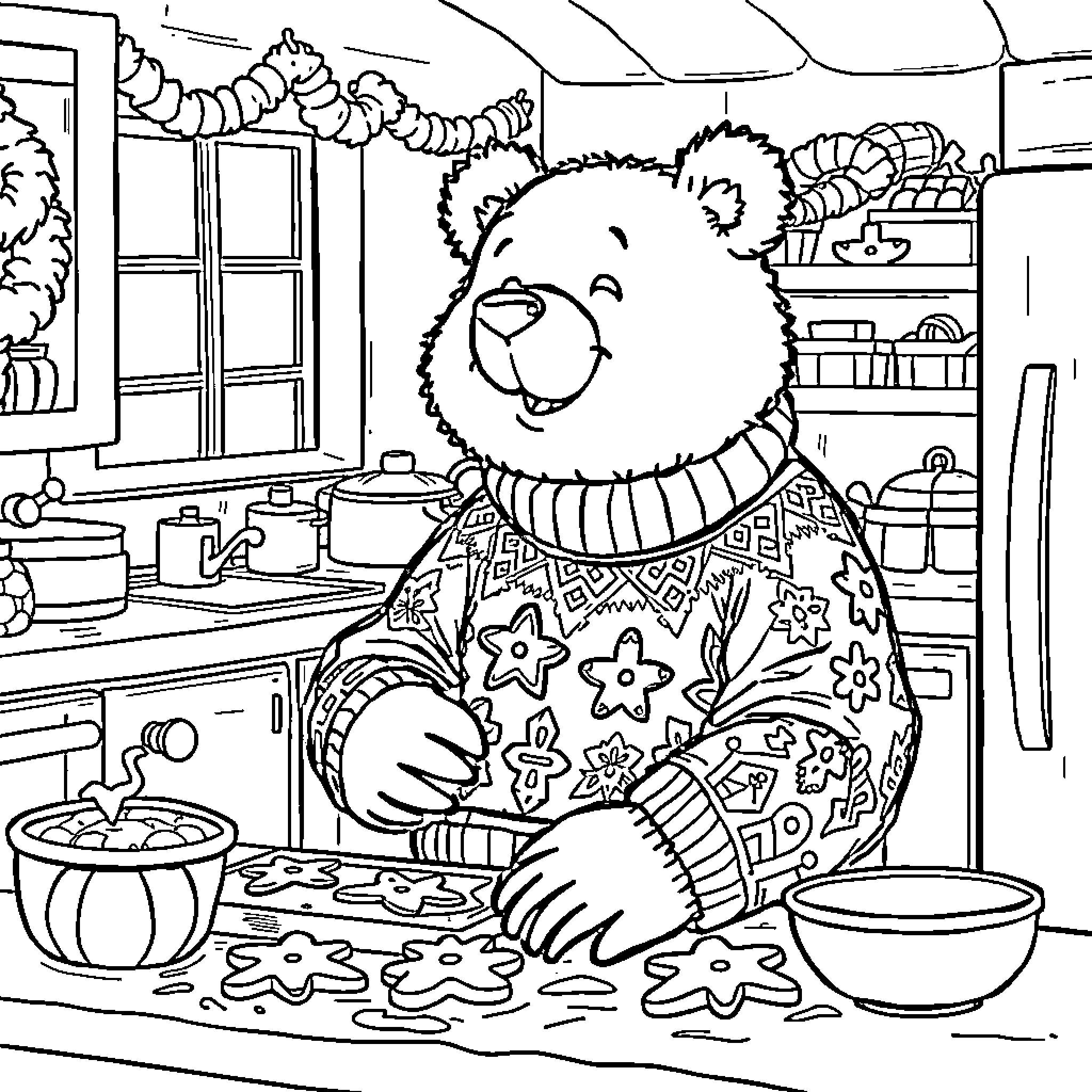 Bear baking festive treats in cozy kitchen Coloring Page (free black-and-white line drawing printable PDF for all, from beginners to advanced learners, including children, teens, adults, and seniors)