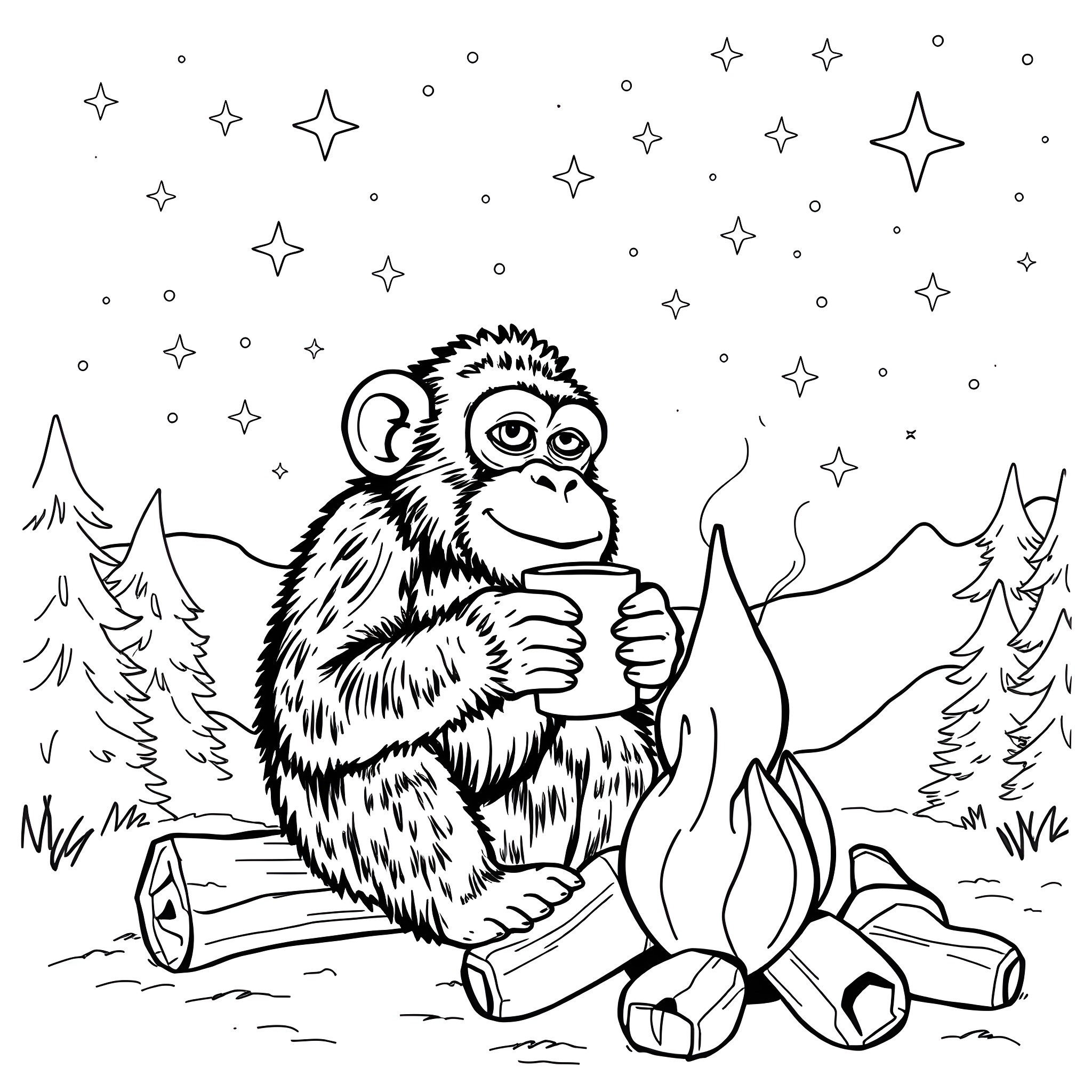 Monkey enjoying a cozy campfire under the starry night sky Coloring Page (free black-and-white line drawing printable PDF for all, from beginners to advanced learners, including children, teens, adults, and seniors)
