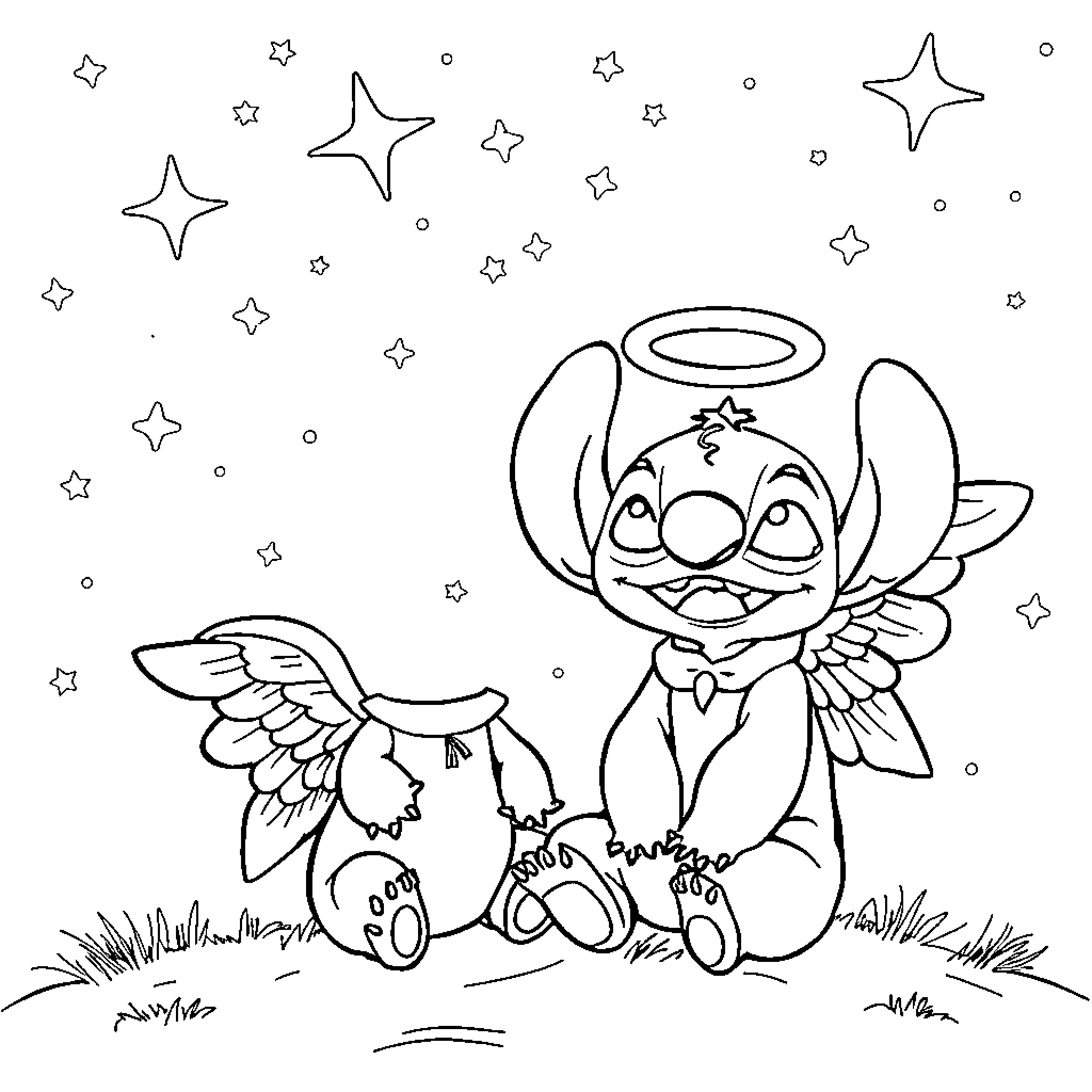 Stitch the adorable angel in a whimsical setting Coloring Page (free black-and-white line drawing printable PDF for all, from beginners to advanced learners, including children, teens, adults, and seniors)