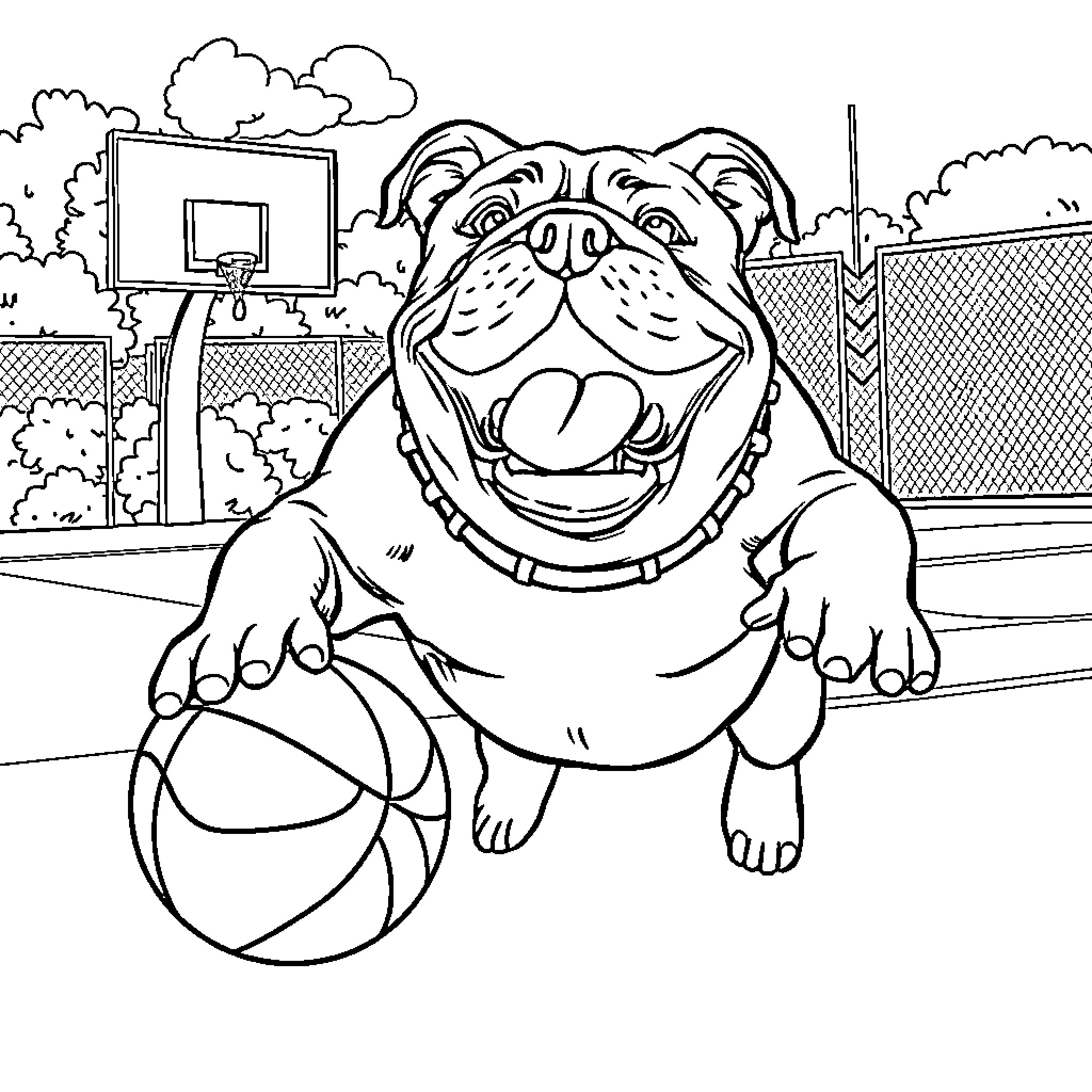 Bulldog playing basketball on the court Coloring Page (free black-and-white line drawing printable PDF for all, from beginners to advanced learners, including children, teens, adults, and seniors)