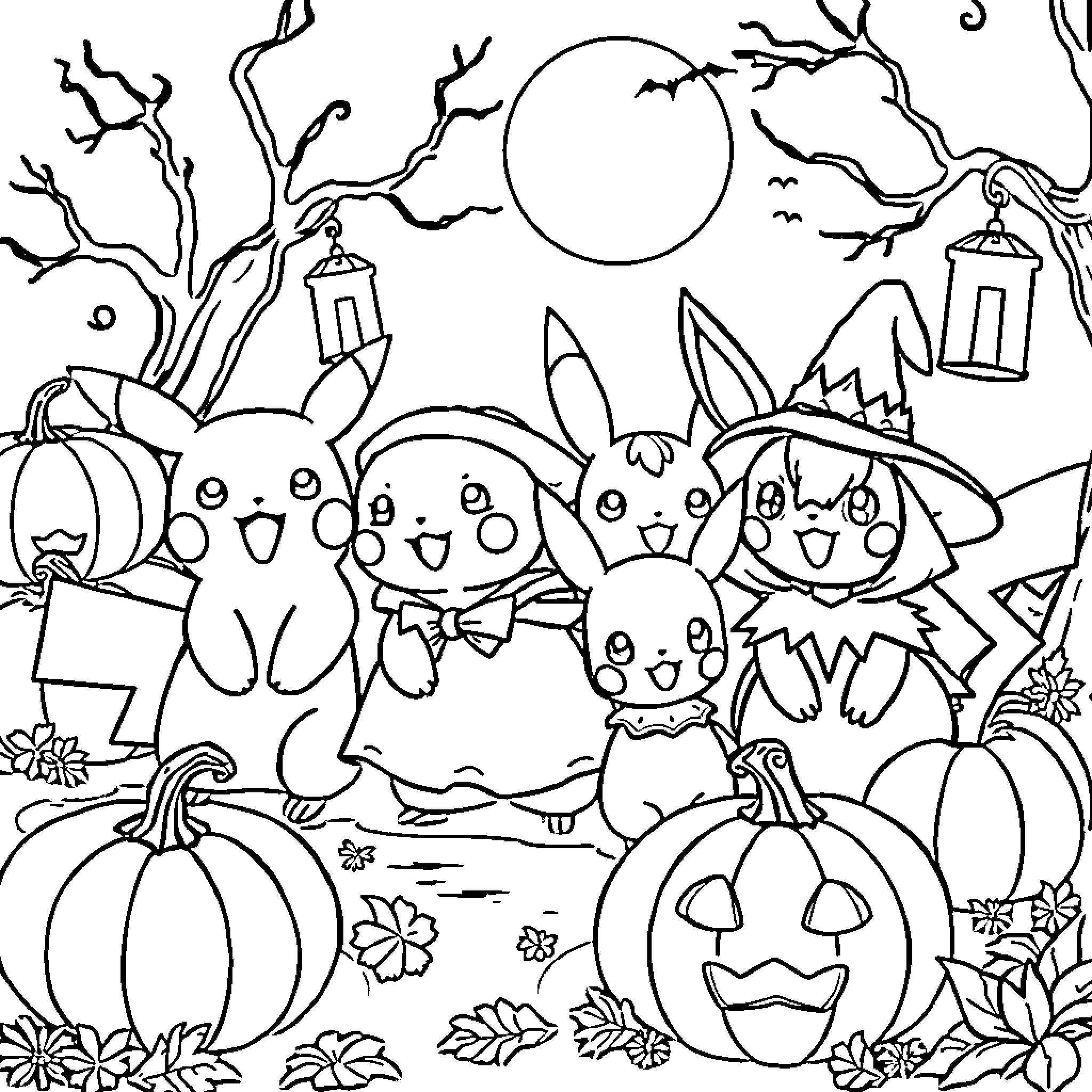 Pikachu and Friends Celebrate Halloween Coloring Page (free black-and-white line drawing printable PDF for all, from beginners to advanced learners, including children, teens, adults, and seniors)
