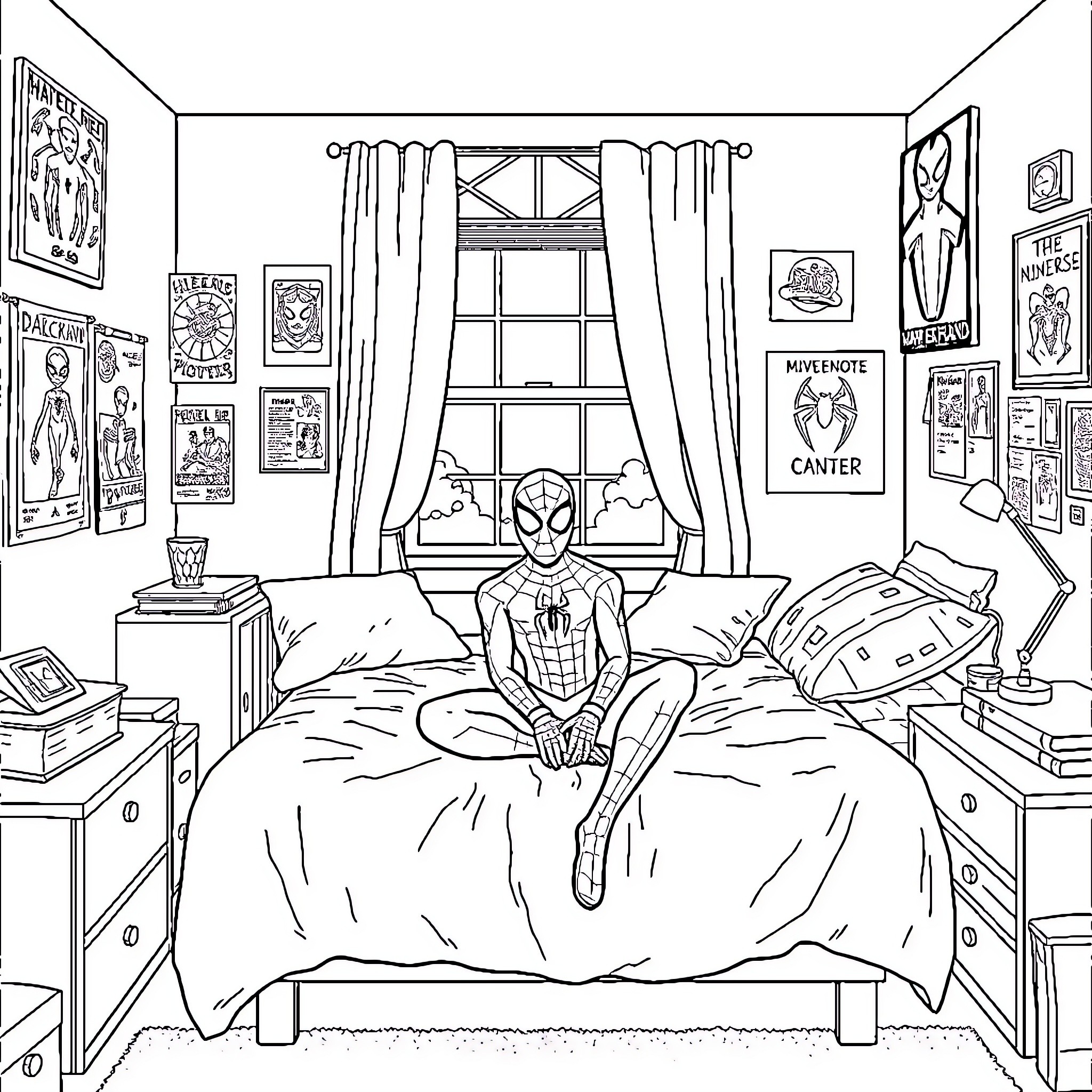 Spiderman relaxing in his cozy bedroom Coloring Page (free black-and-white line drawing printable PDF for all, from beginners to advanced learners, including children, teens, adults, and seniors)