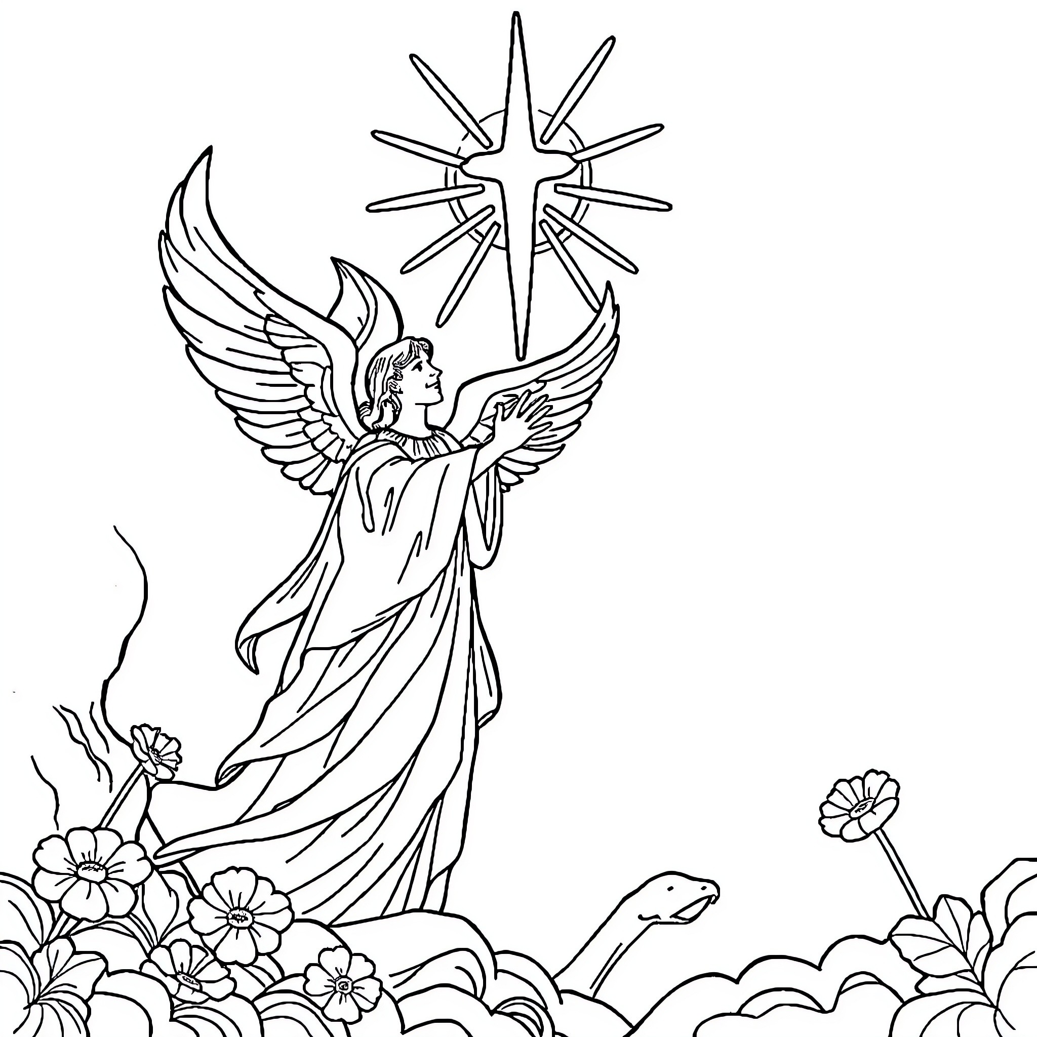 Holy Spirit - Angel with wings and star in nature Coloring Page (free black-and-white line drawing printable PDF for all, from beginners to advanced learners, including children, teens, adults, and seniors)