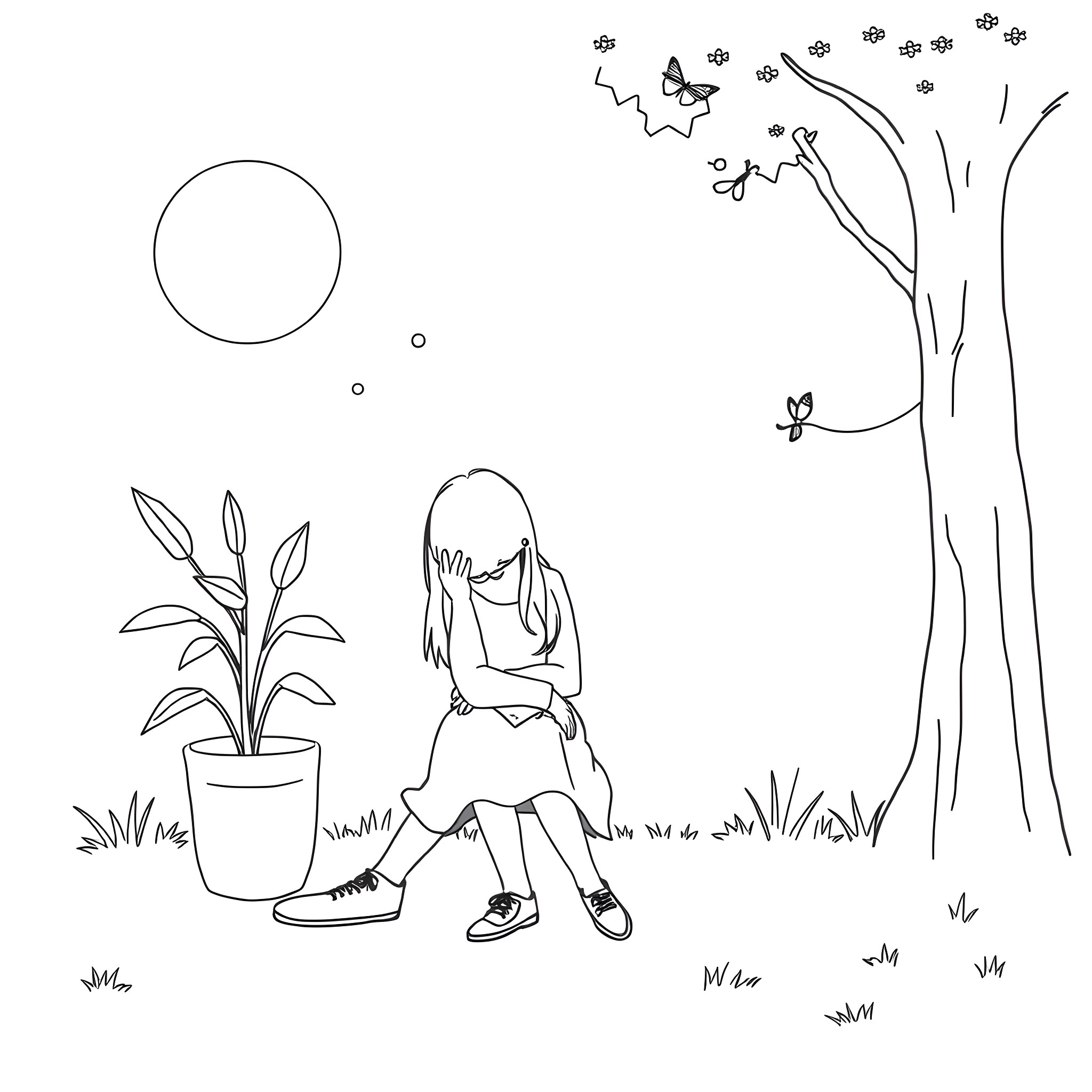 Girl sitting alone under the tree in nature Coloring Page (free black-and-white line drawing printable PDF for all, from beginners to advanced learners, including children, teens, adults, and seniors)