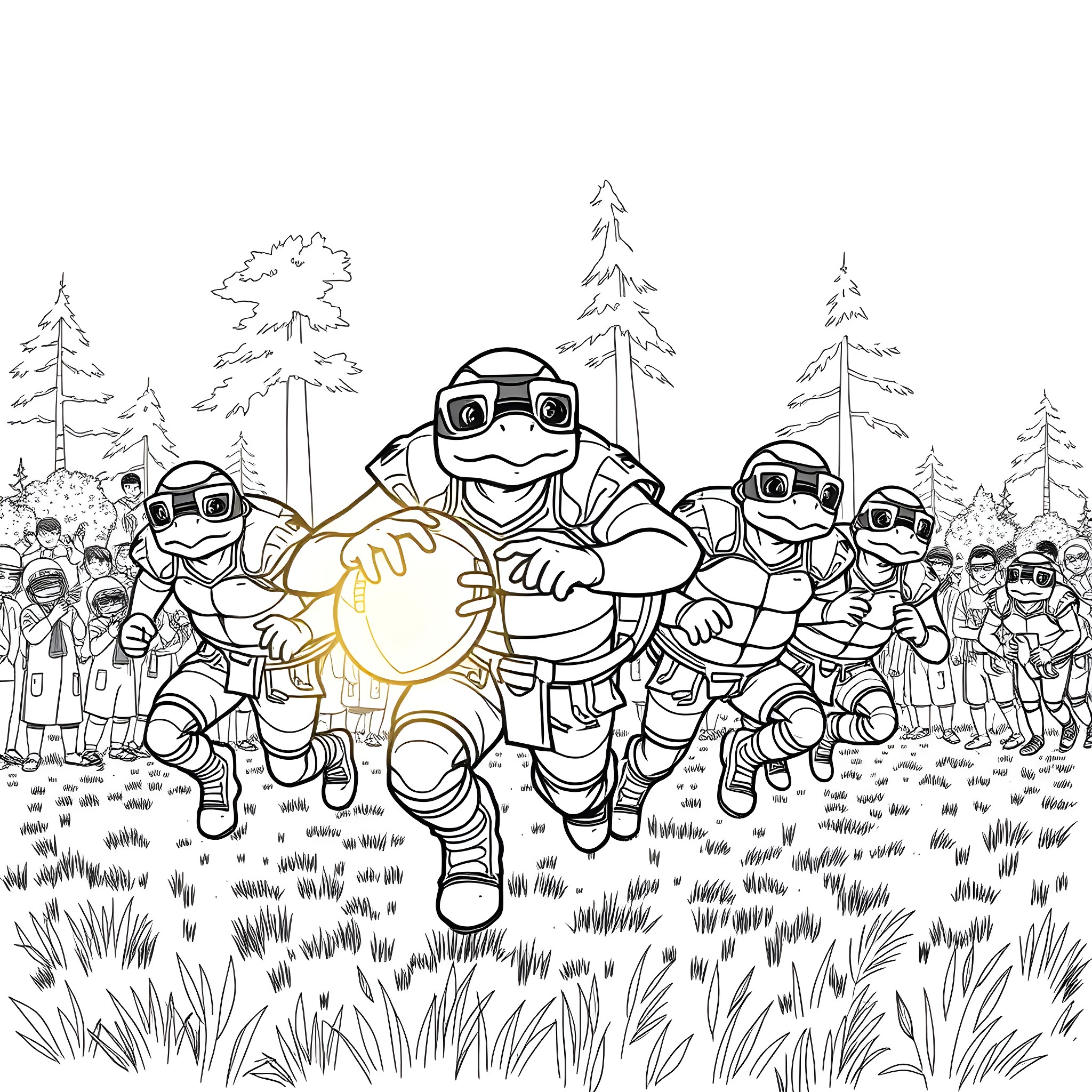 Turtle astronauts exploring the forest landscape Coloring Page (free black-and-white line drawing printable PDF for all, from beginners to advanced learners, including children, teens, adults, and seniors)