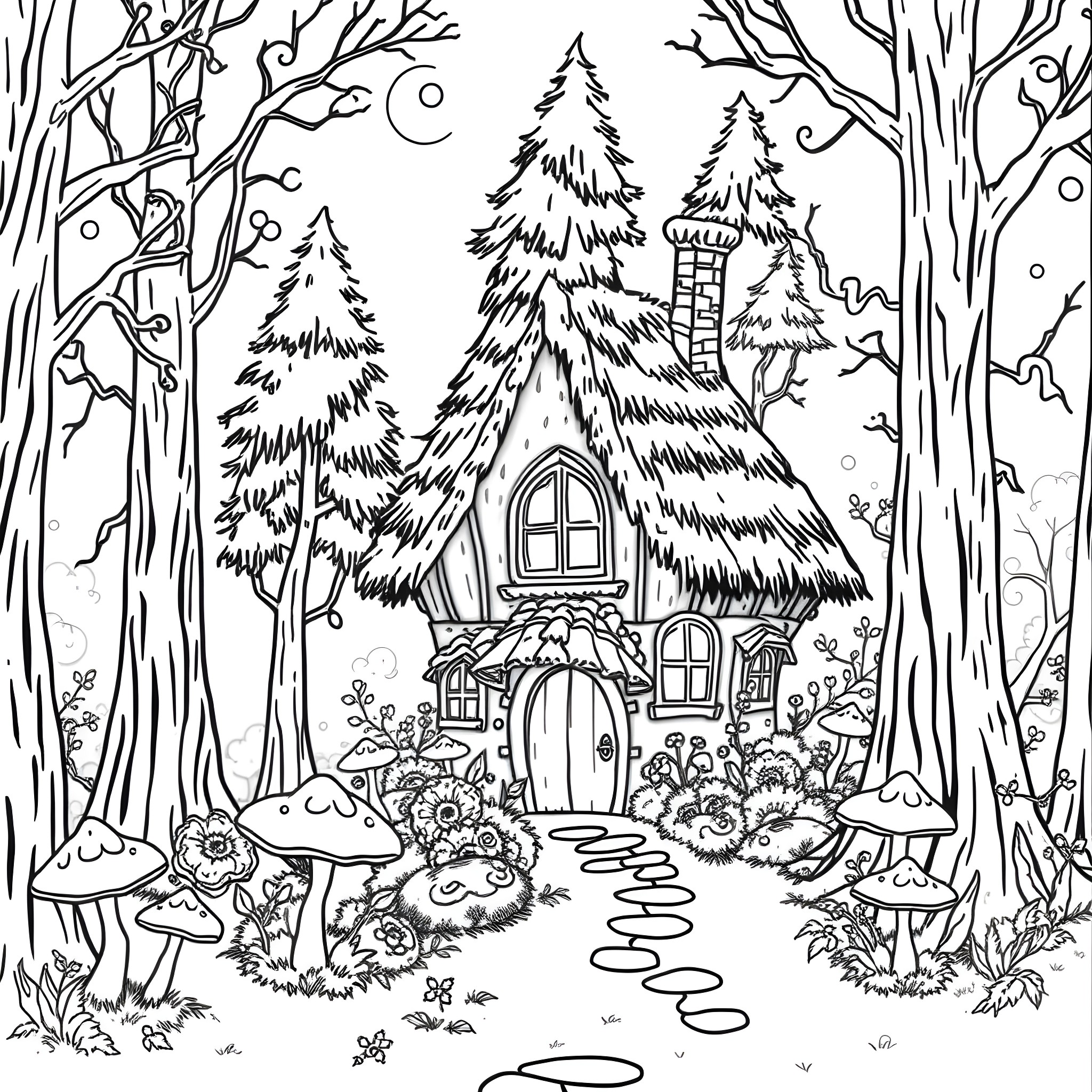 Witch's Whimsical Forest Abode Coloring Page (free black-and-white line drawing printable PDF for all, from beginners to advanced learners, including children, teens, adults, and seniors)