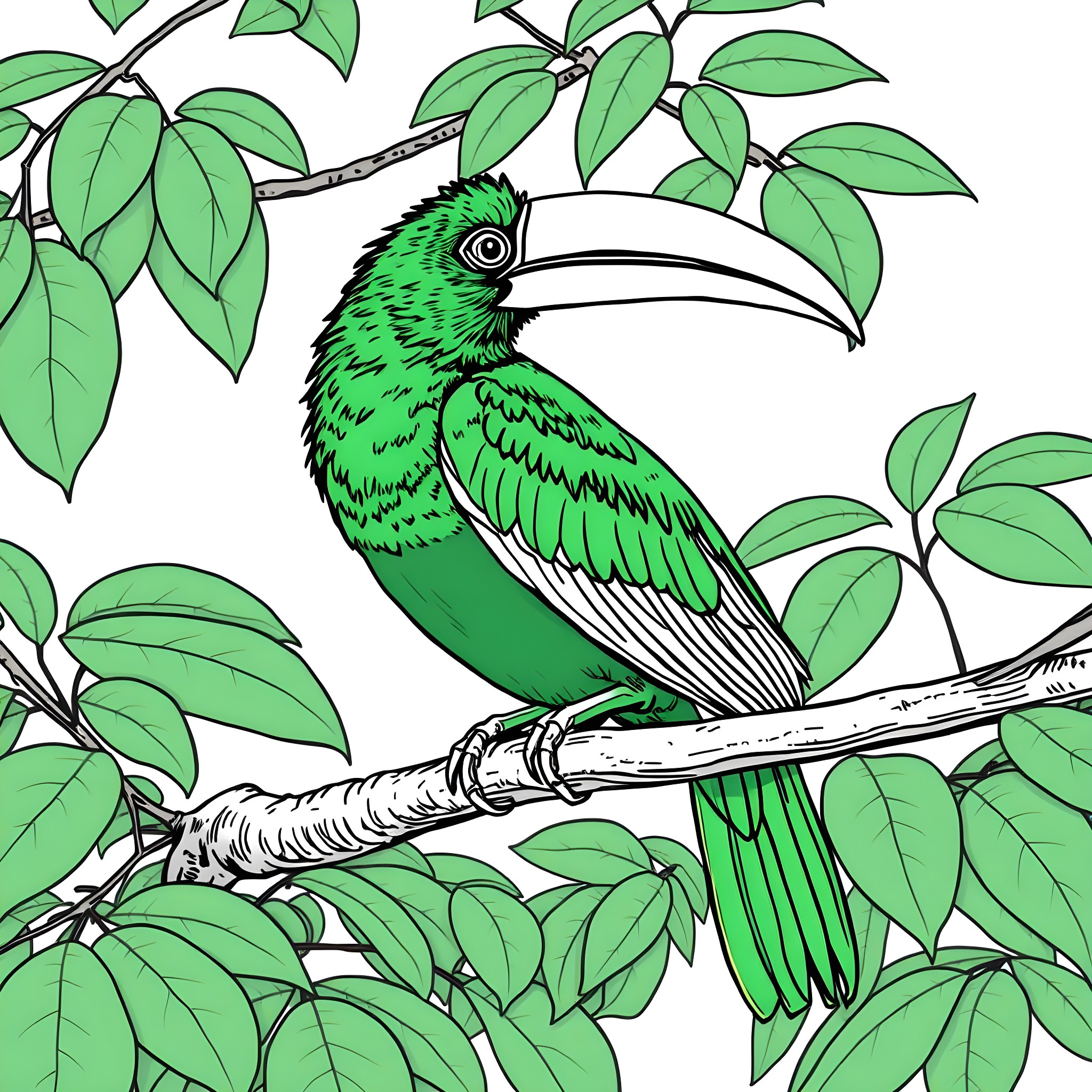 Toucan perched amidst vibrant foliage Coloring Page (free black-and-white line drawing printable PDF for all, from beginners to advanced learners, including children, teens, adults, and seniors)