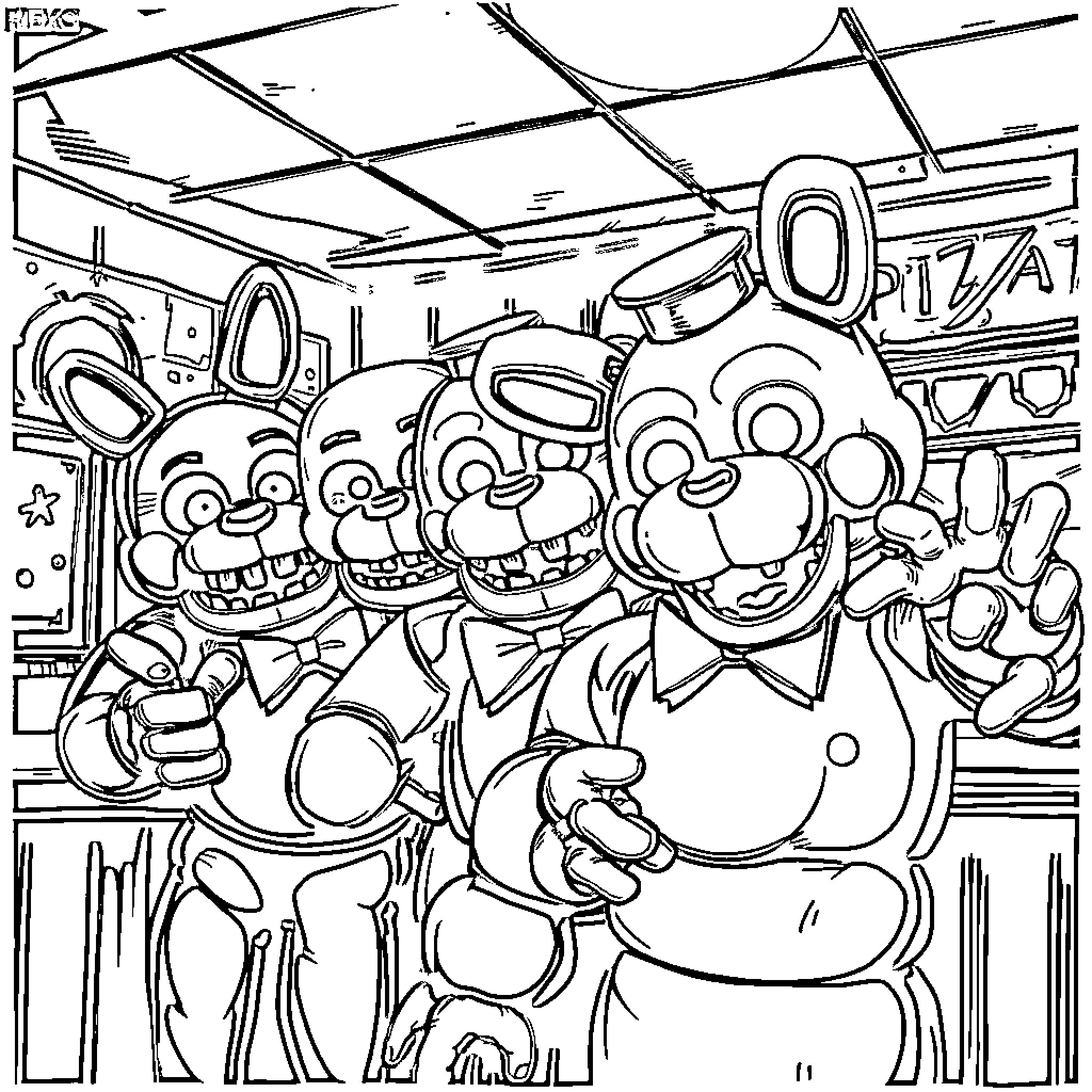 Five Nights At Freddy's Animatronic Characters in Action Coloring Page (free black-and-white line drawing printable PDF for all, from beginners to advanced learners, including children, teens, adults, and seniors)