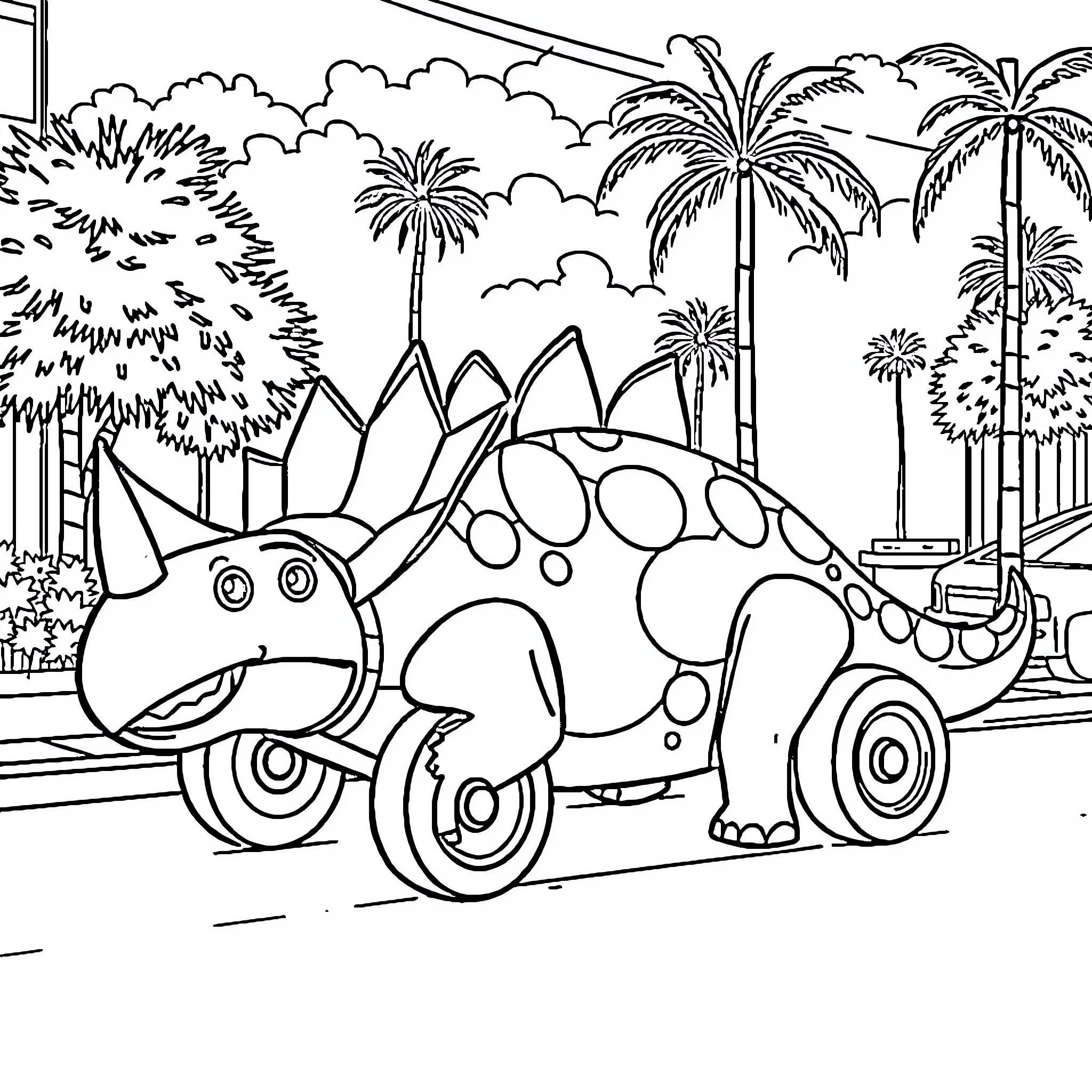 Triceratops exploring a lush jungle landscape Coloring Page (free black-and-white line drawing printable PDF for all, from beginners to advanced learners, including children, teens, adults, and seniors)