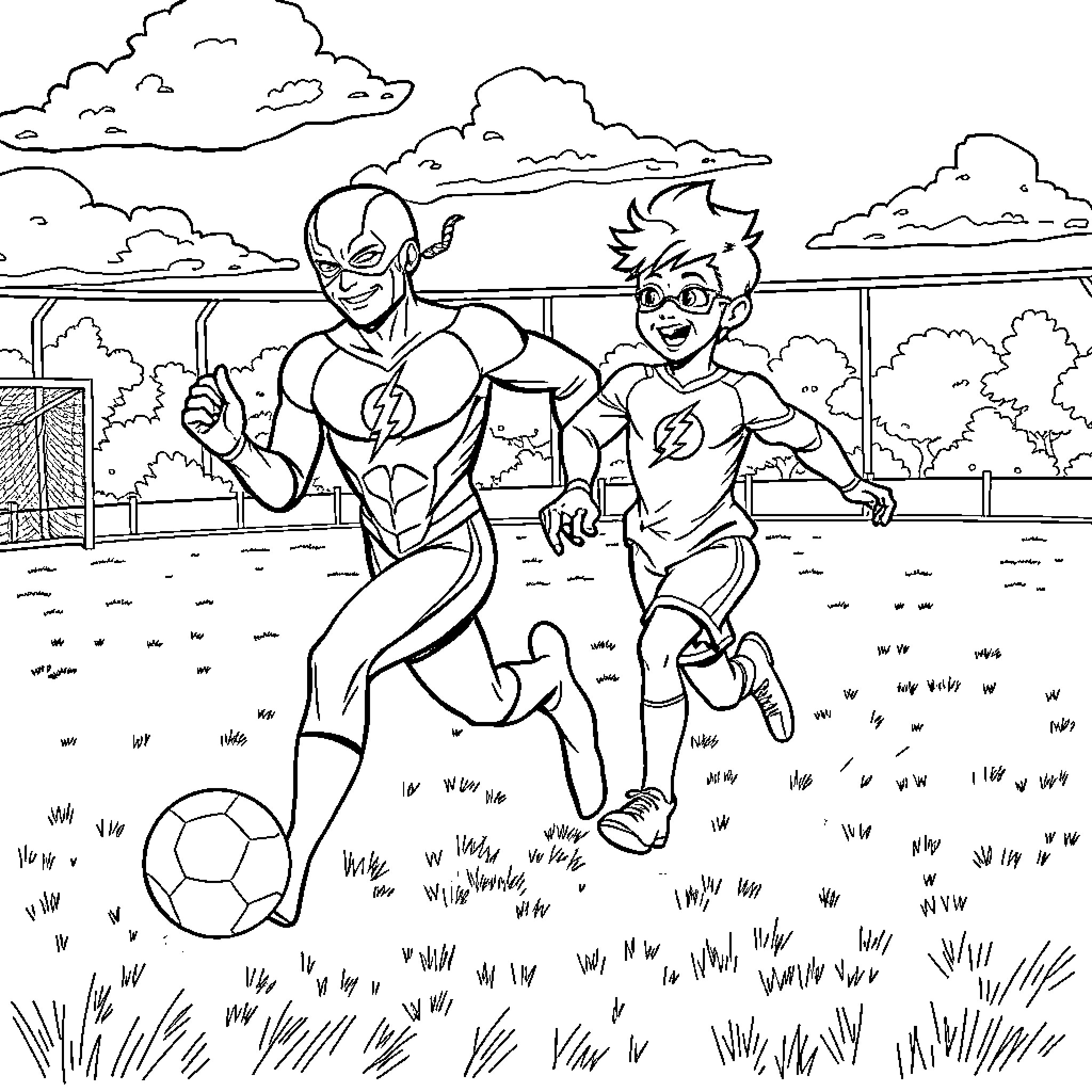 Flash Superheroes Playing Soccer on the Field Coloring Page (free black-and-white line drawing printable PDF for all, from beginners to advanced learners, including children, teens, adults, and seniors)
