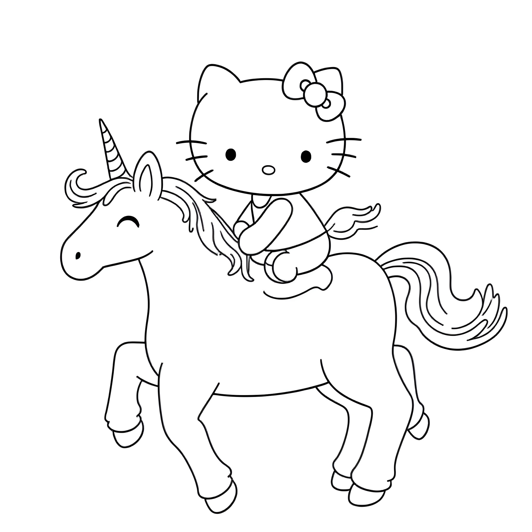 Hello Kitty riding a unicorn Coloring Page (free black-and-white line drawing printable PDF for all, from beginners to advanced learners, including children, teens, adults, and seniors)