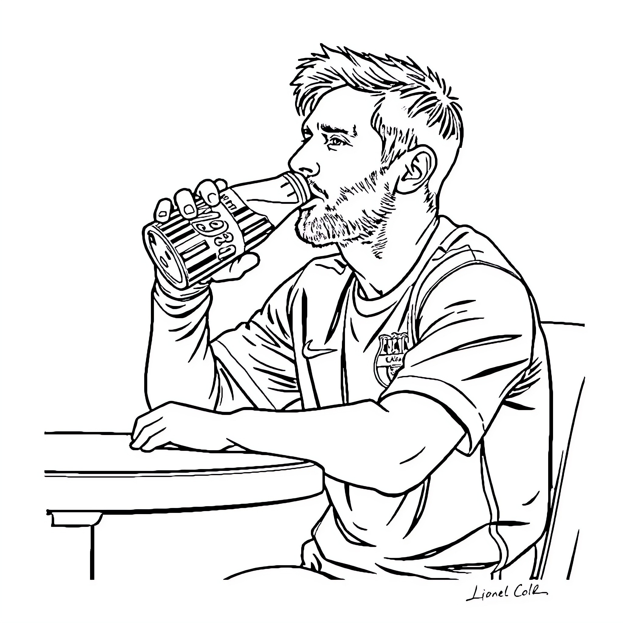 Lionel Messi enjoying a refreshing drink Coloring Page (free black-and-white line drawing printable PDF for all, from beginners to advanced learners, including children, teens, adults, and seniors)