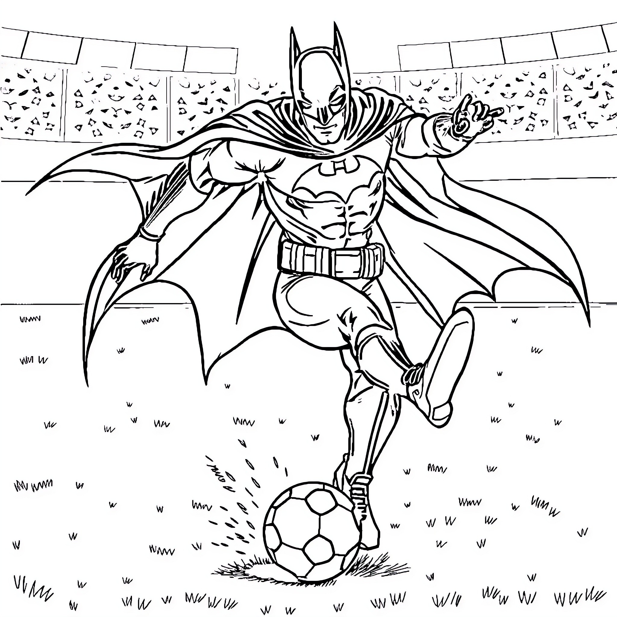 Batman playing soccer in the stadium Coloring Page (free black-and-white line drawing printable PDF for all, from beginners to advanced learners, including children, teens, adults, and seniors)