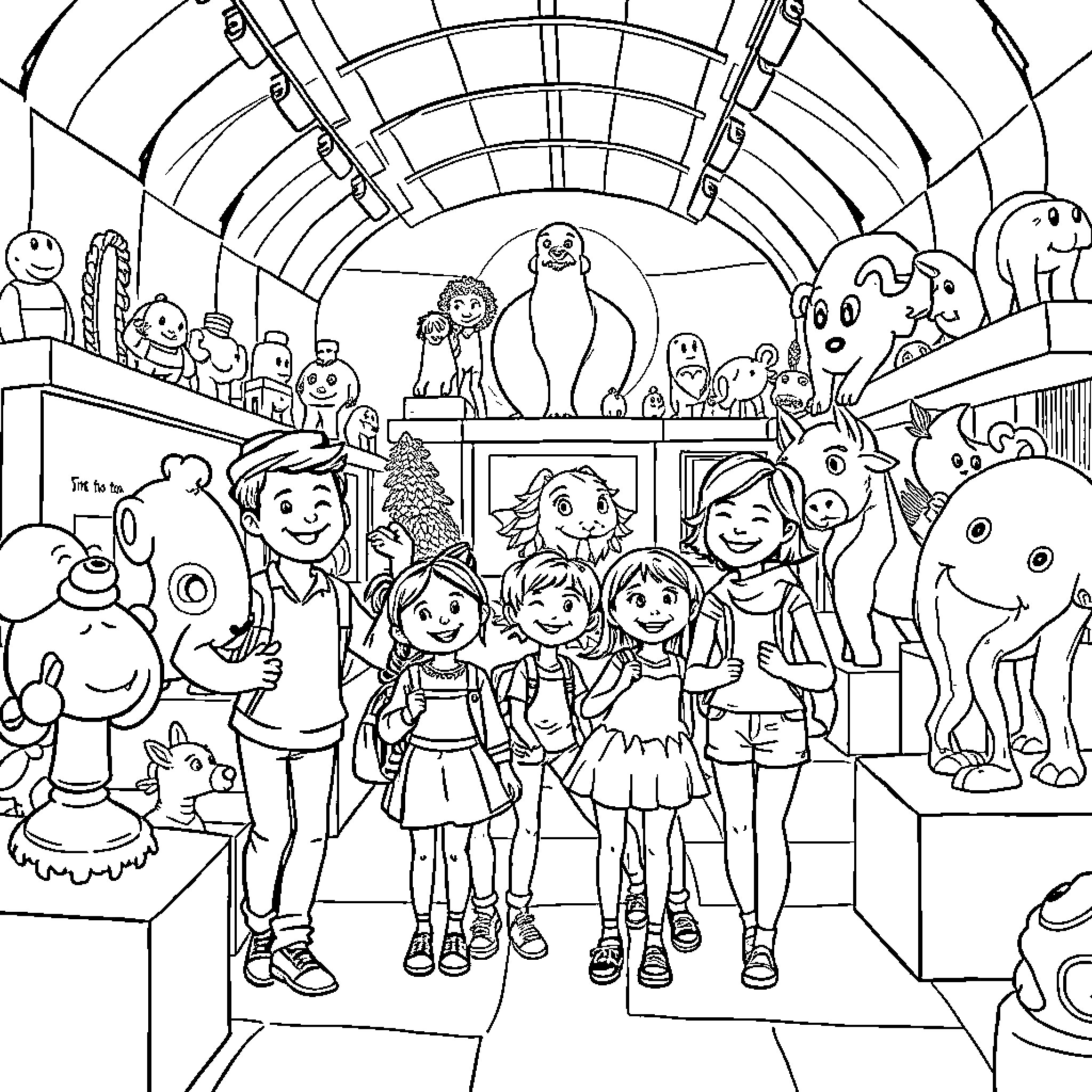 Family visiting a whimsical toy and character exhibit Coloring Page (free black-and-white line drawing printable PDF for all, from beginners to advanced learners, including children, teens, adults, and seniors)