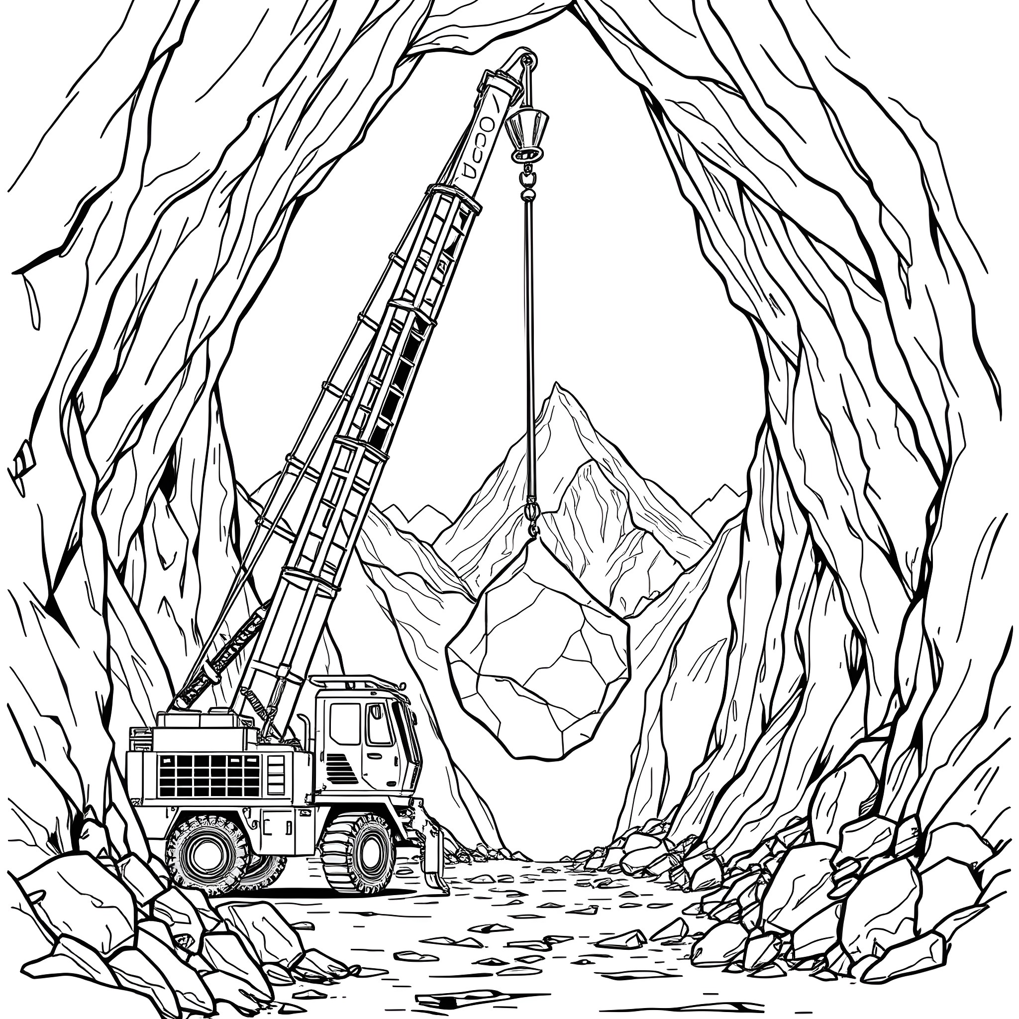 Construction Vehicle Operating in Rocky Landscape Coloring Page (free black-and-white line drawing printable PDF for all, from beginners to advanced learners, including children, teens, adults, and seniors)
