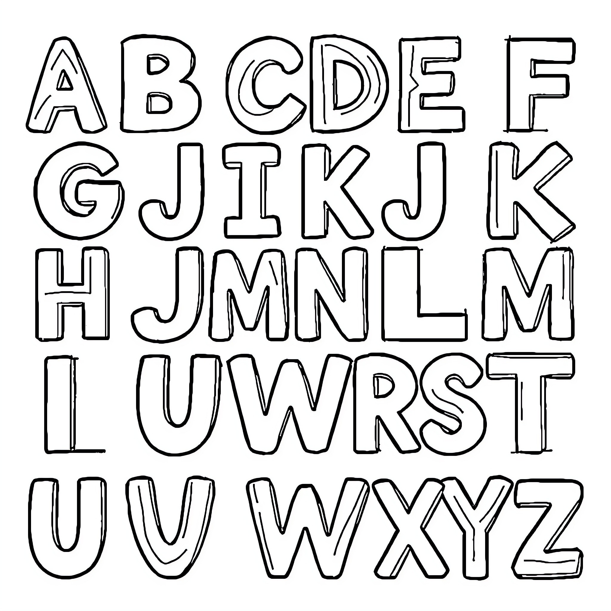 Alphabet of hand-drawn letters with varied styles Coloring Page (free black-and-white line drawing printable PDF for all, from beginners to advanced learners, including children, teens, adults, and seniors)