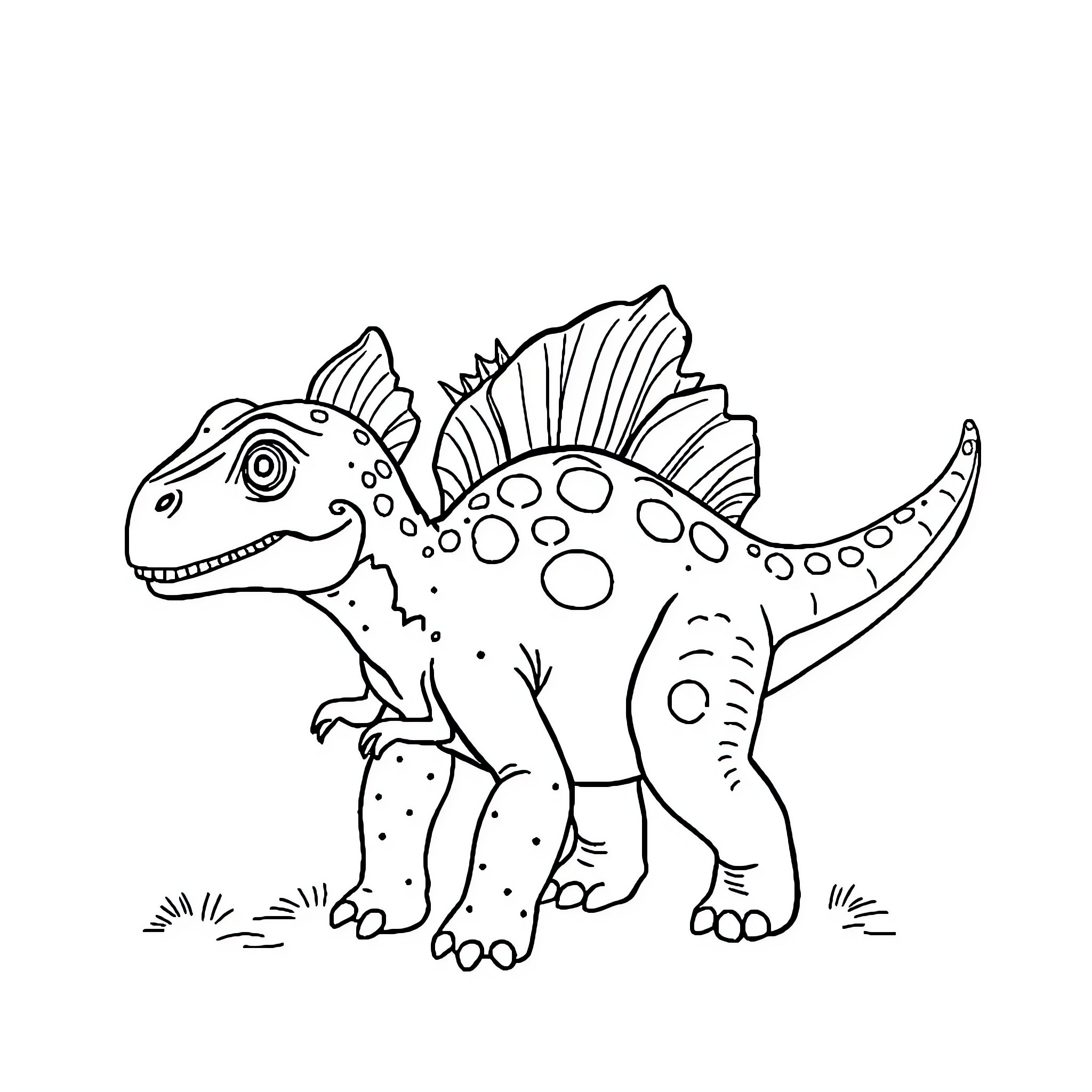 Spinosaurus dinosaur in playful pose Coloring Page (free black-and-white line drawing printable PDF for all, from beginners to advanced learners, including children, teens, adults, and seniors)