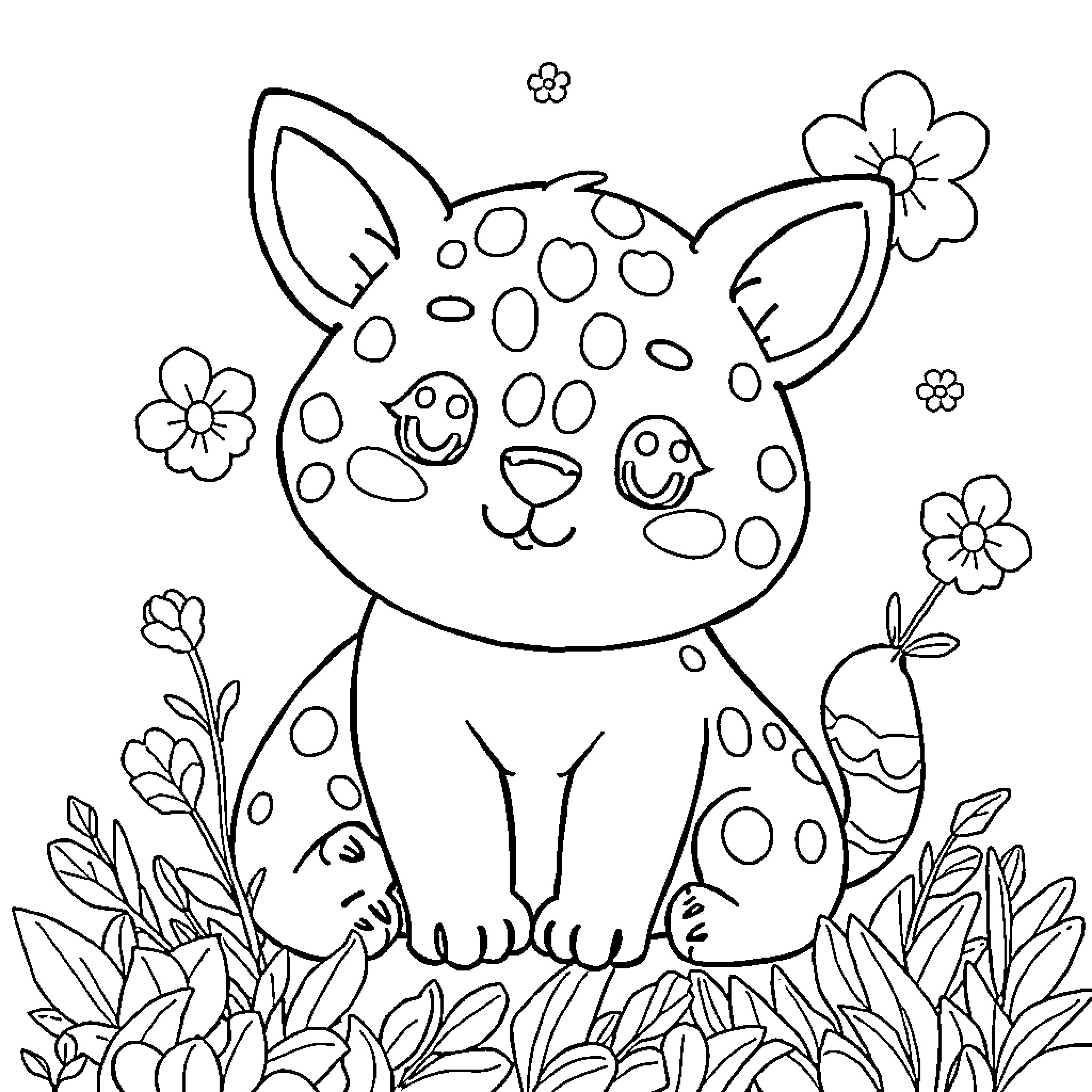 Animal spots and flowers in a garden Coloring Page (free black-and-white line drawing printable PDF for all, from beginners to advanced learners, including children, teens, adults, and seniors)
