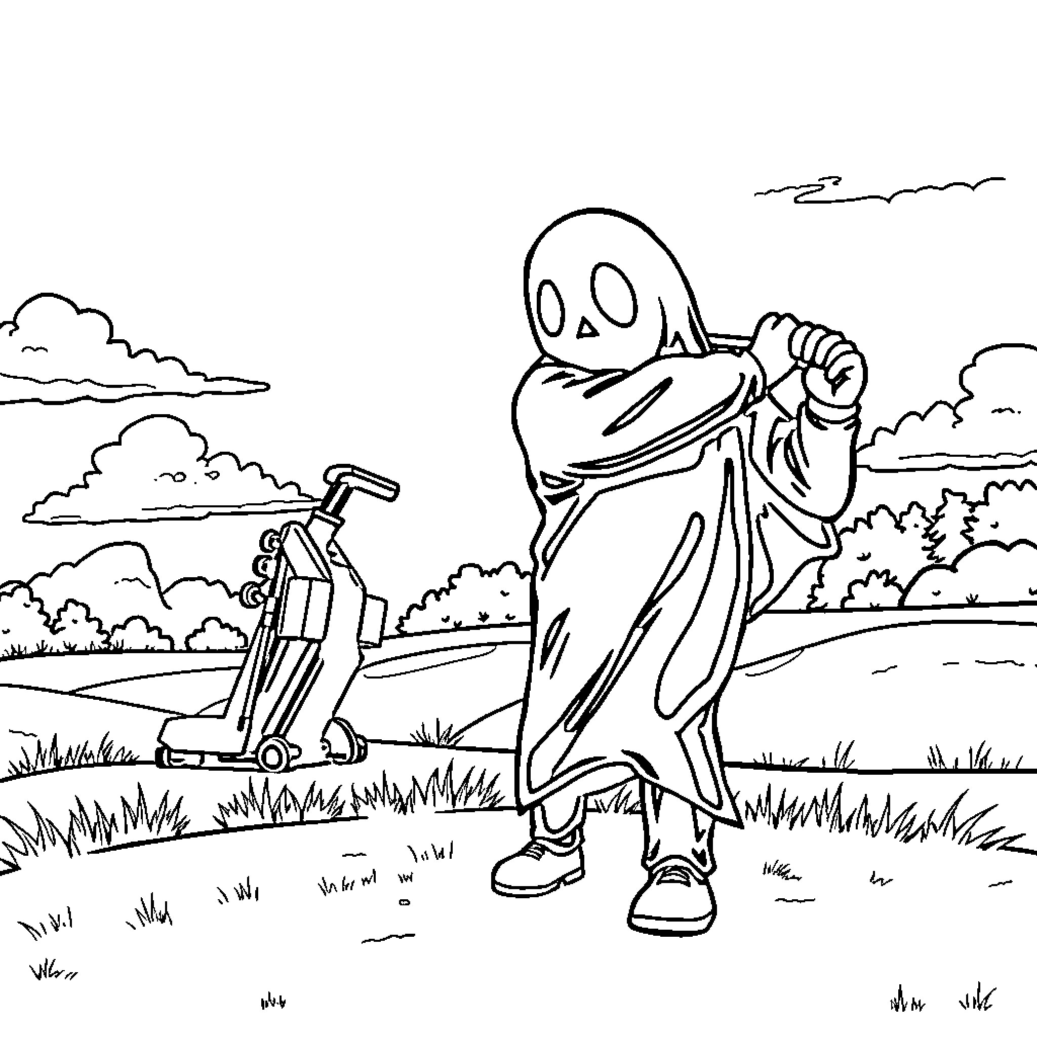 Ghost Face carrying scythe in spooky countryside Coloring Page (free black-and-white line drawing printable PDF for all, from beginners to advanced learners, including children, teens, adults, and seniors)