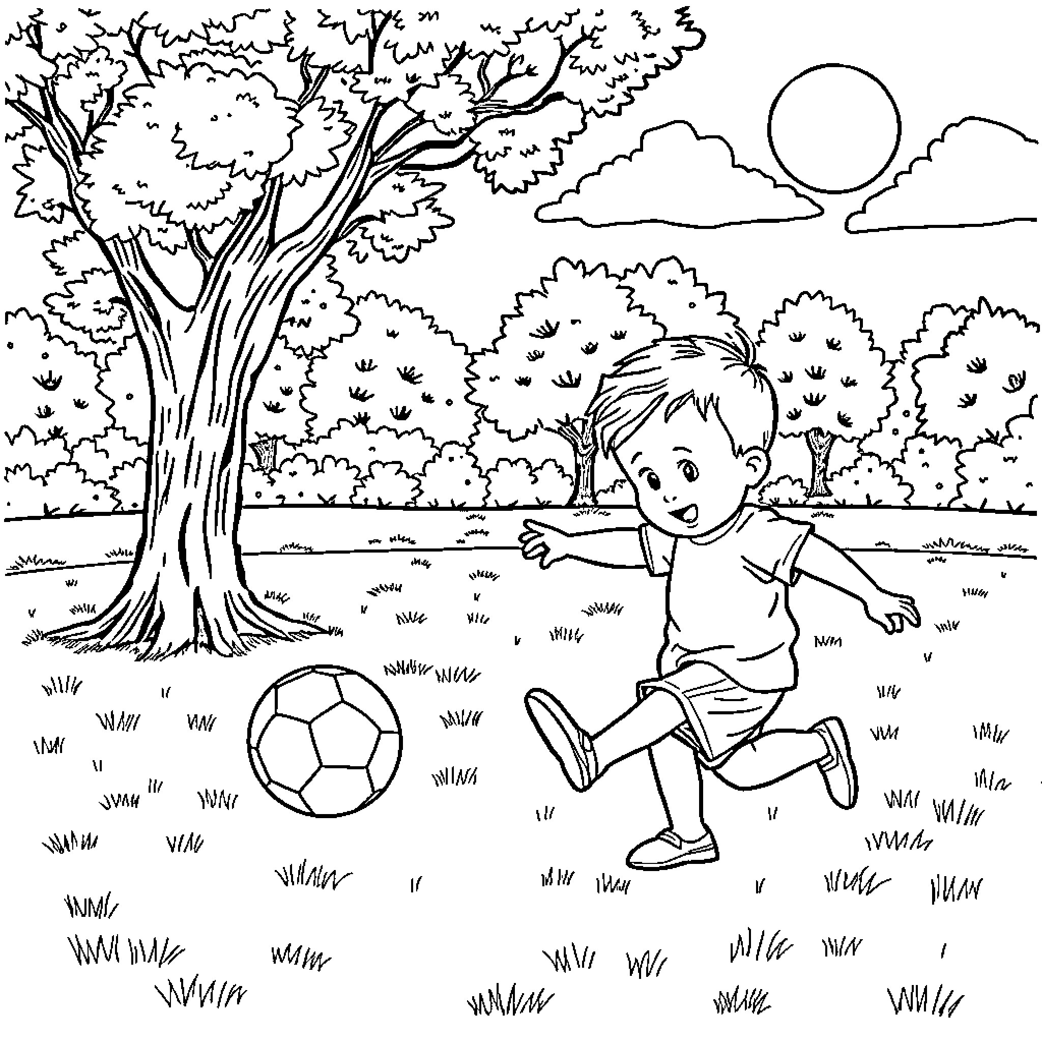 Baby playing with soccer ball in park Coloring Page (free black-and-white line drawing printable PDF for all, from beginners to advanced learners, including children, teens, adults, and seniors)