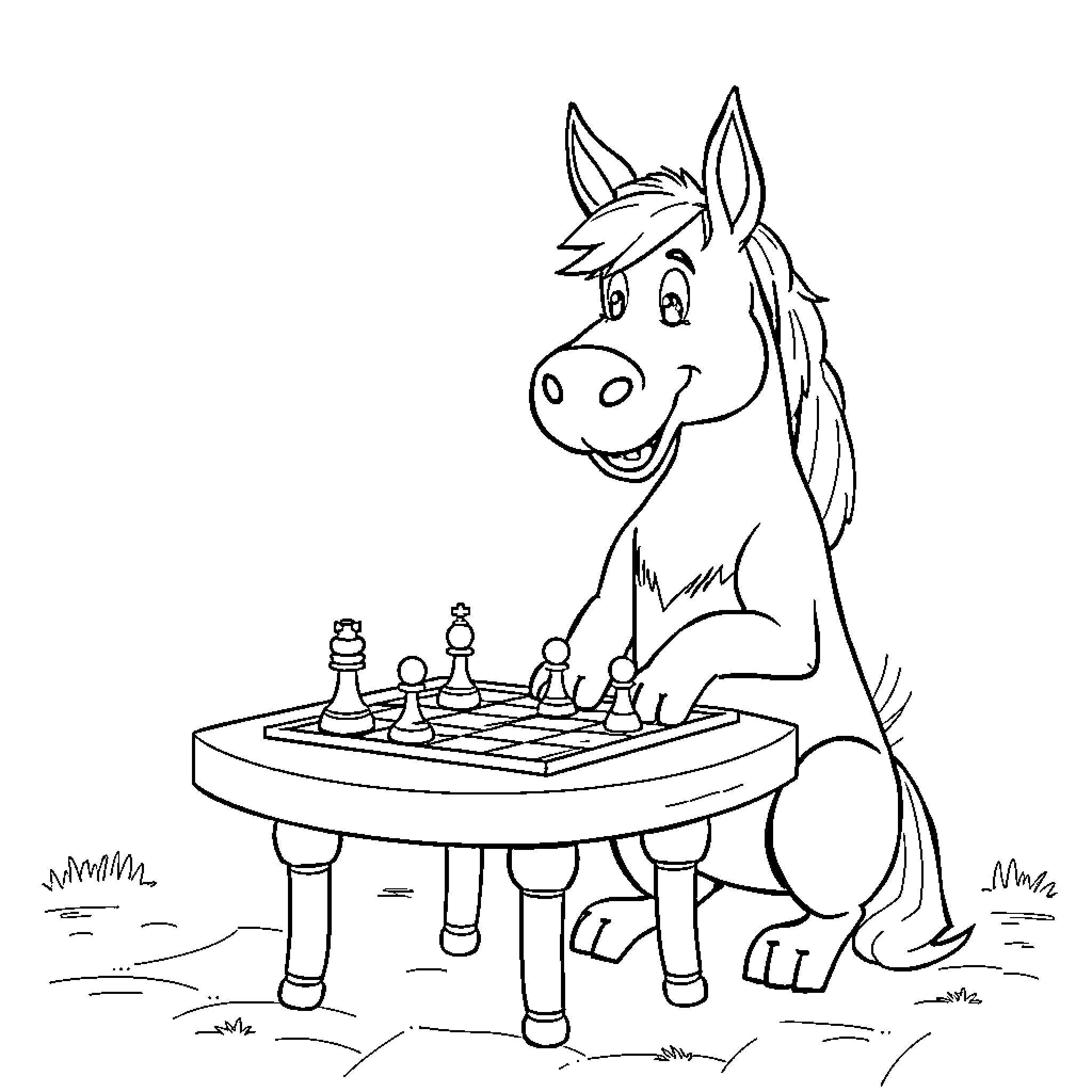 Dog playing chess on a table Coloring Page (free black-and-white line drawing printable PDF for all, from beginners to advanced learners, including children, teens, adults, and seniors)